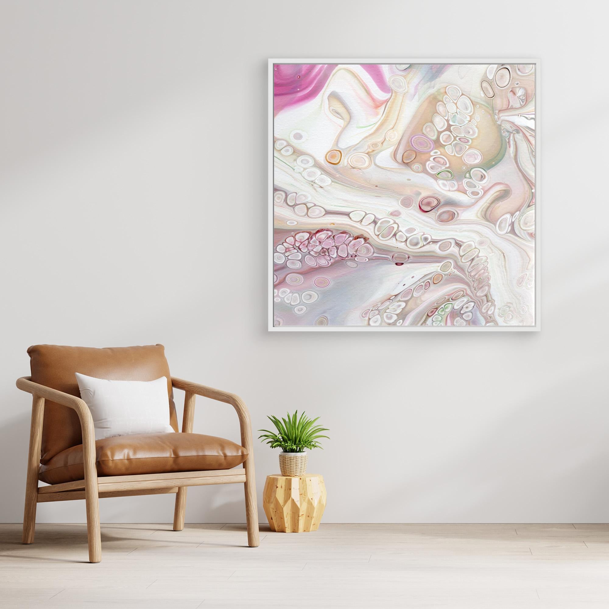 NL Modern Art Canvas Print Soft Tenderness 1 in white frame on wall next to comfy chair and small plant
