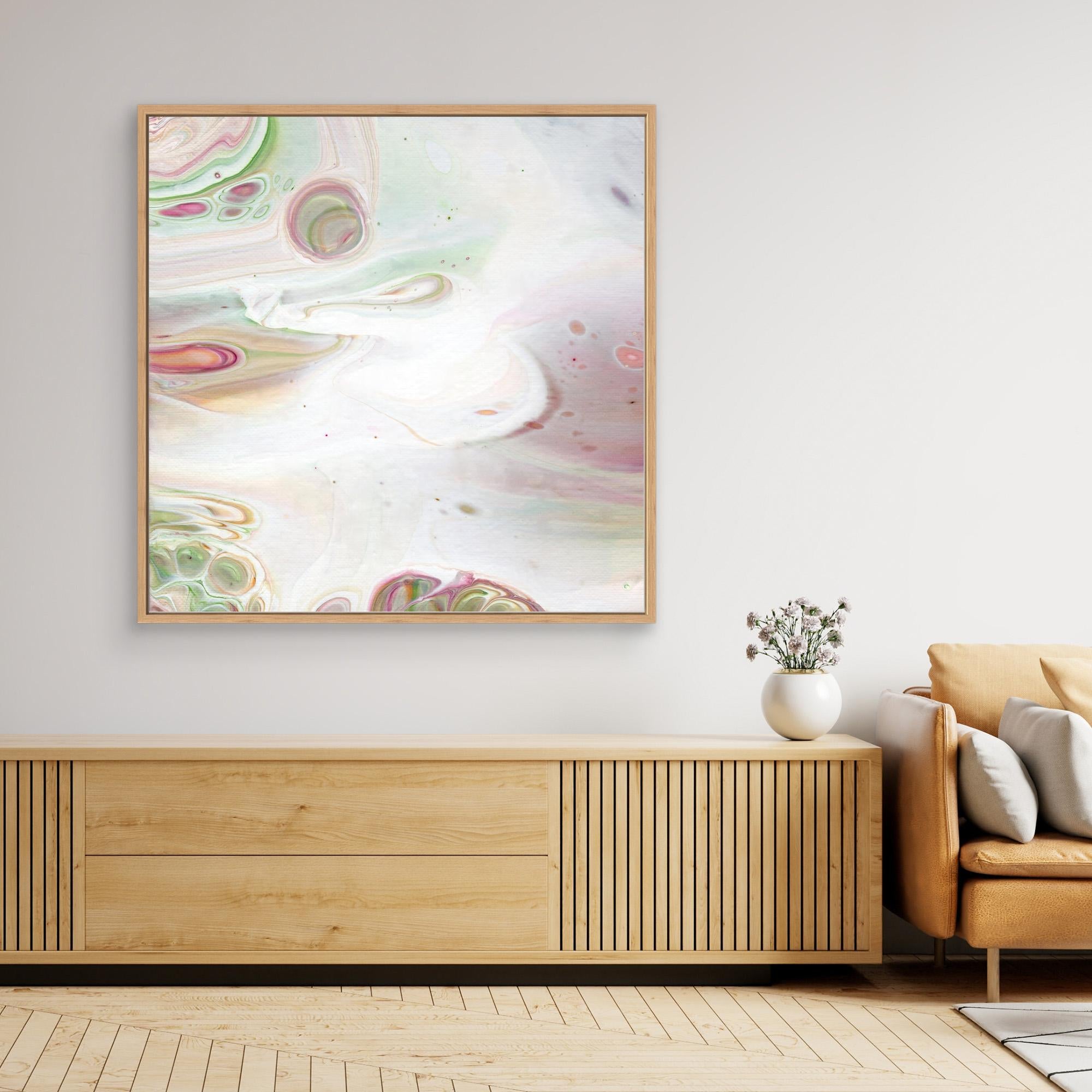 NL Modern Art Canvas Print Soft Tenderness 6 in oak frame on wall over wooden cabinet and white vase with flowers