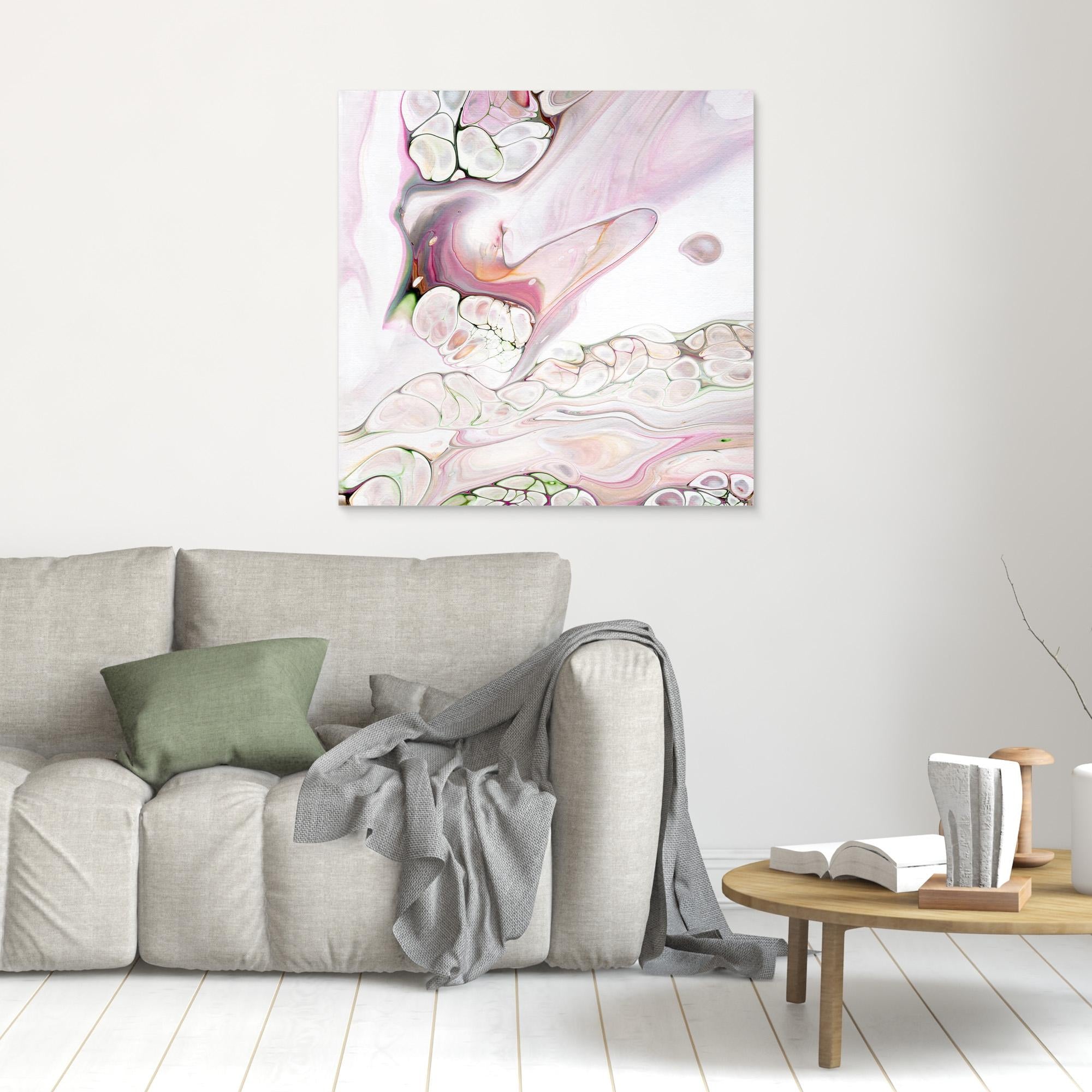NL Modern Art Unframed Canvas Print Soft Tenderness 3 on wall over comfy sofa
