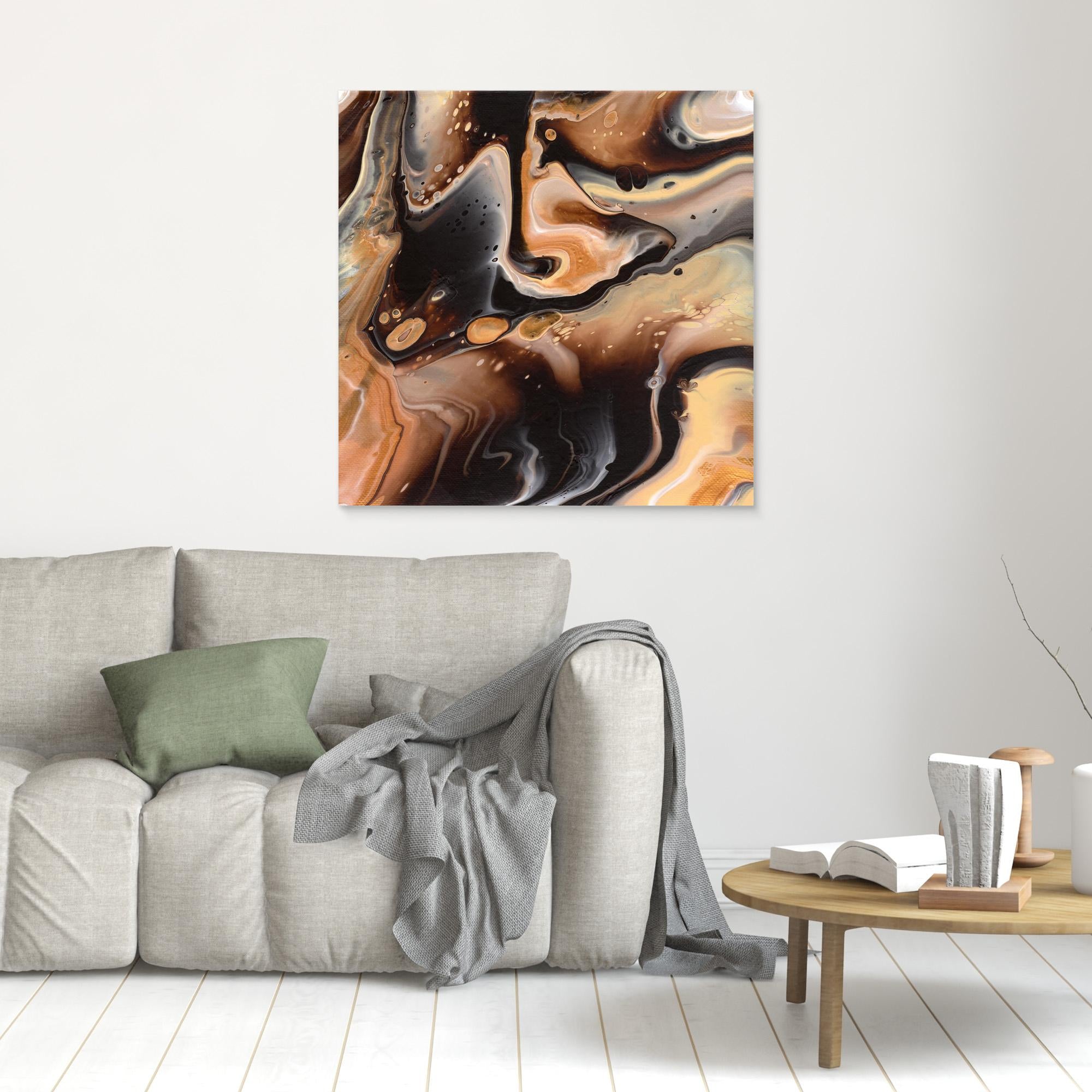 NL modern art Unframed Canvas Print Comforting Chocolate Caramel 5 on wall over grey sofa
