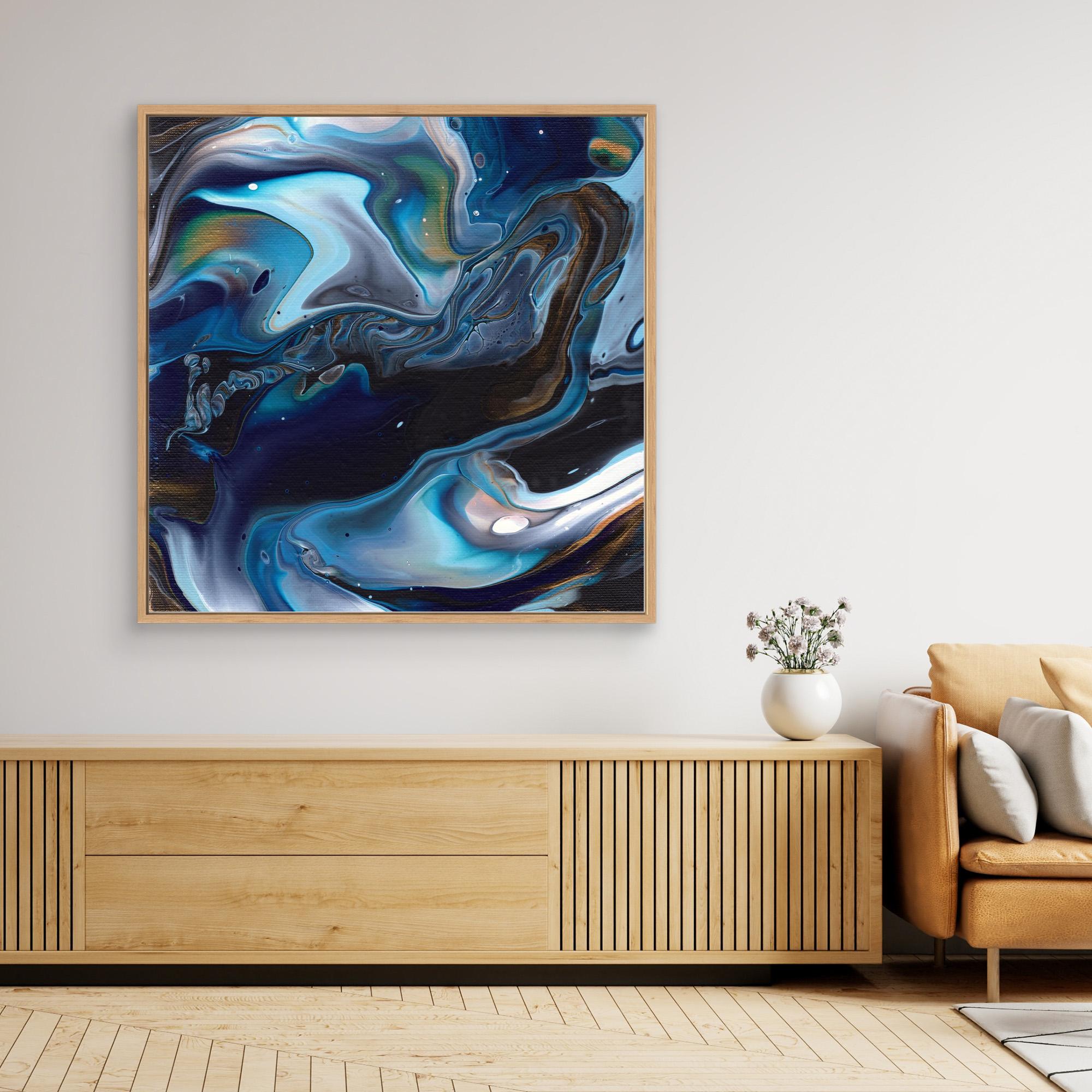 NL modern art Canvas Print Deep Passion 3 in oak frame on wall over wooden cabinet and white vase with flowers