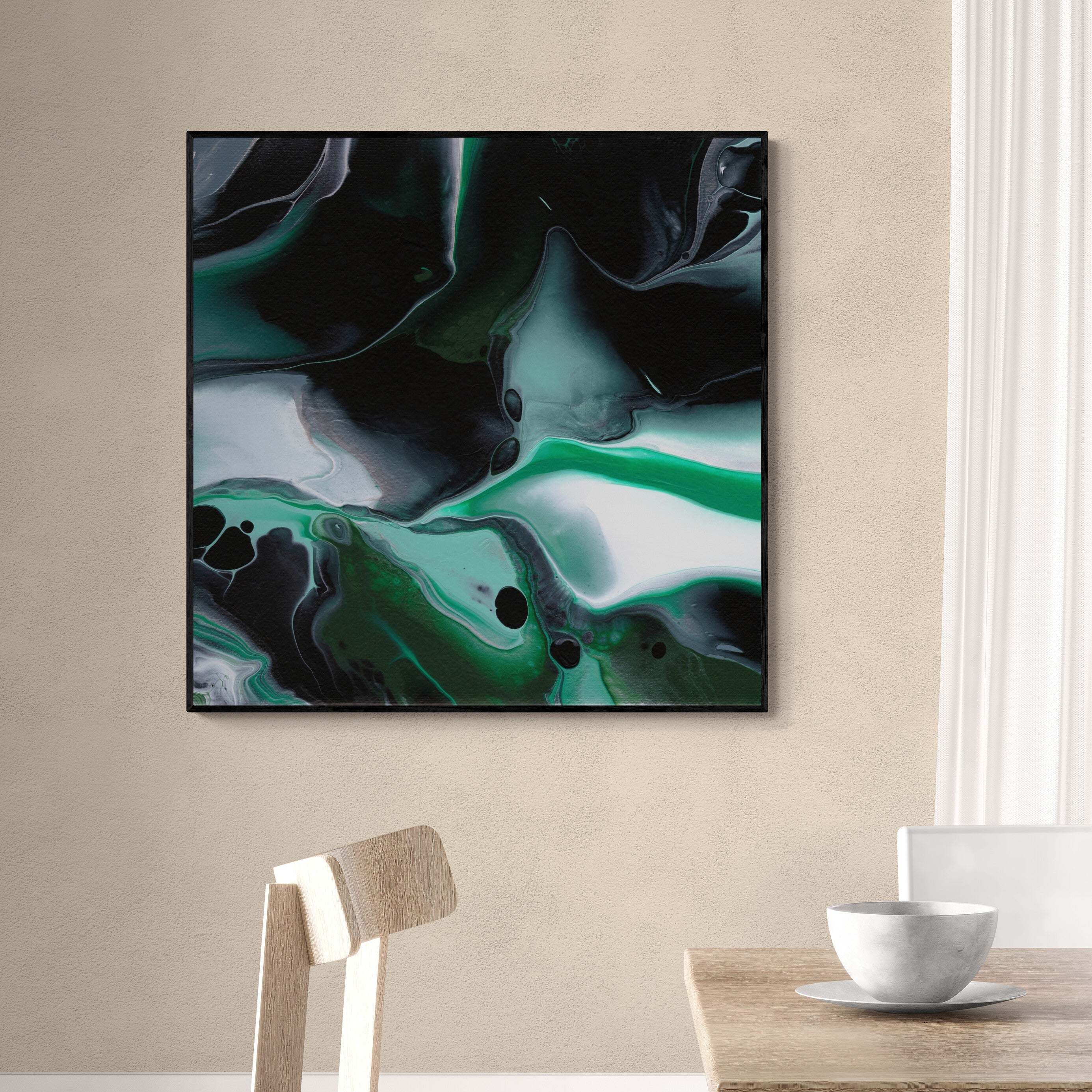 NL modern art-art-print-manchester-uplifting-malachite-2-on-wall-over-a-dining-table-and-chairs-black-frame