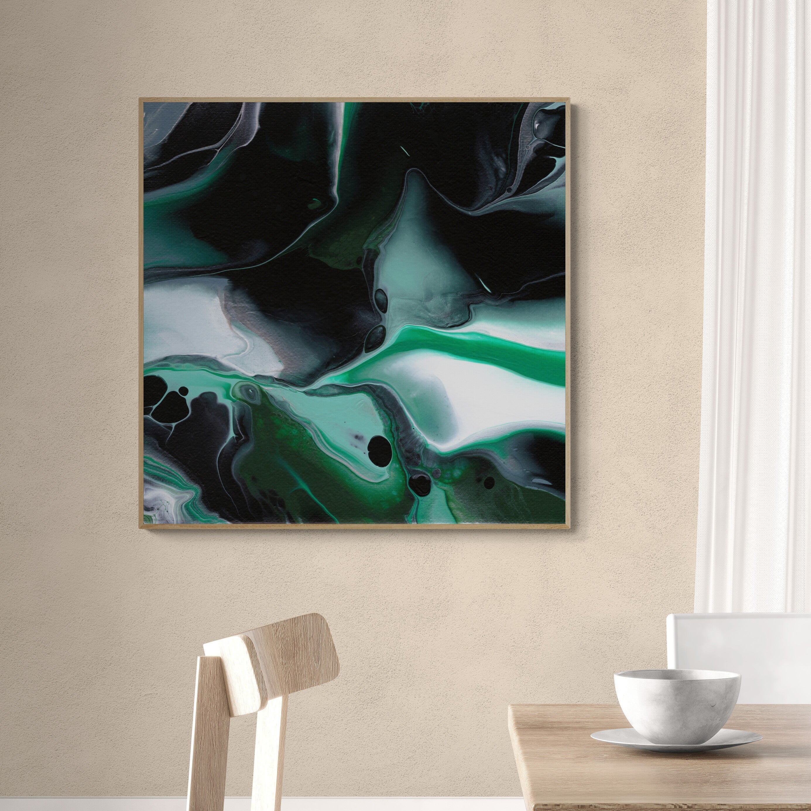 NL modern art-art-print-manchester-uplifting-malachite-2-on-wall-over-a-dining-table-and-chairs-oak-frame