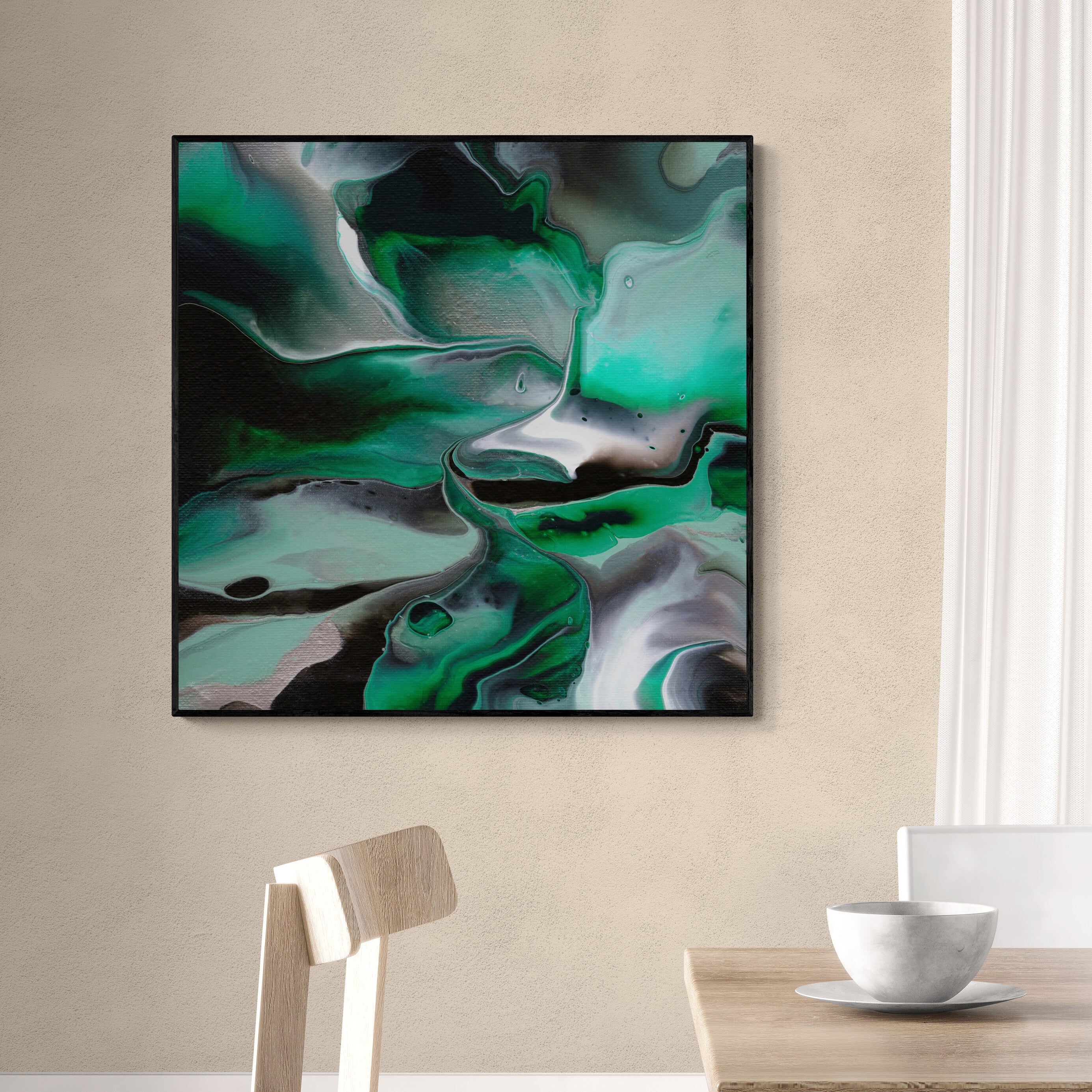 NL modern art-art-print-manchester-uplifting-malachite-3-on-wall-over-a-dining-table-and-chairs-black-frame