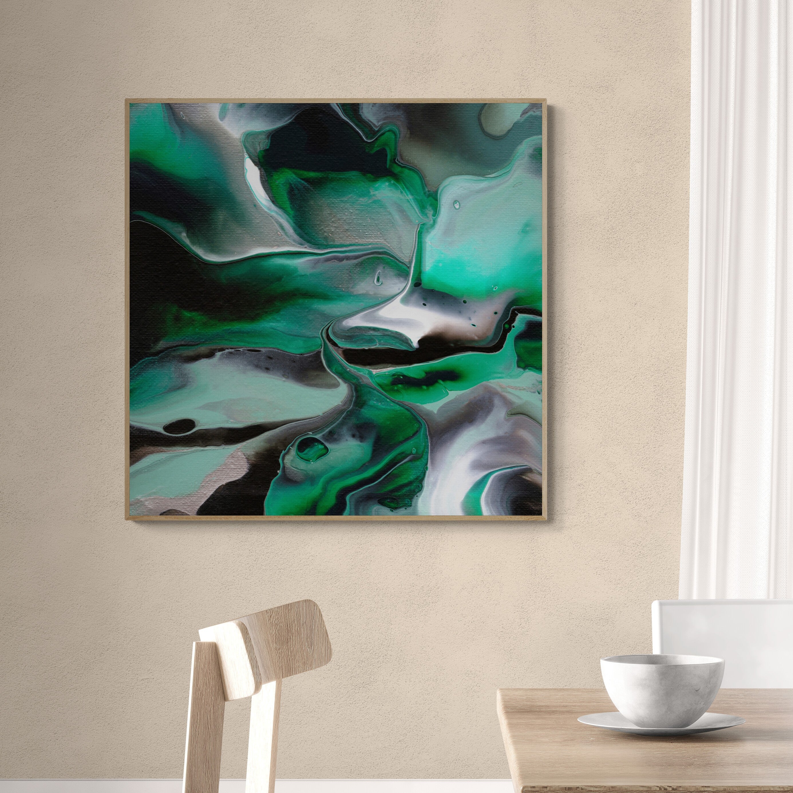 NL modern art-art-print-manchester-uplifting-malachite-3-on-wall-over-a-dining-table-and-chairs-oak-frame