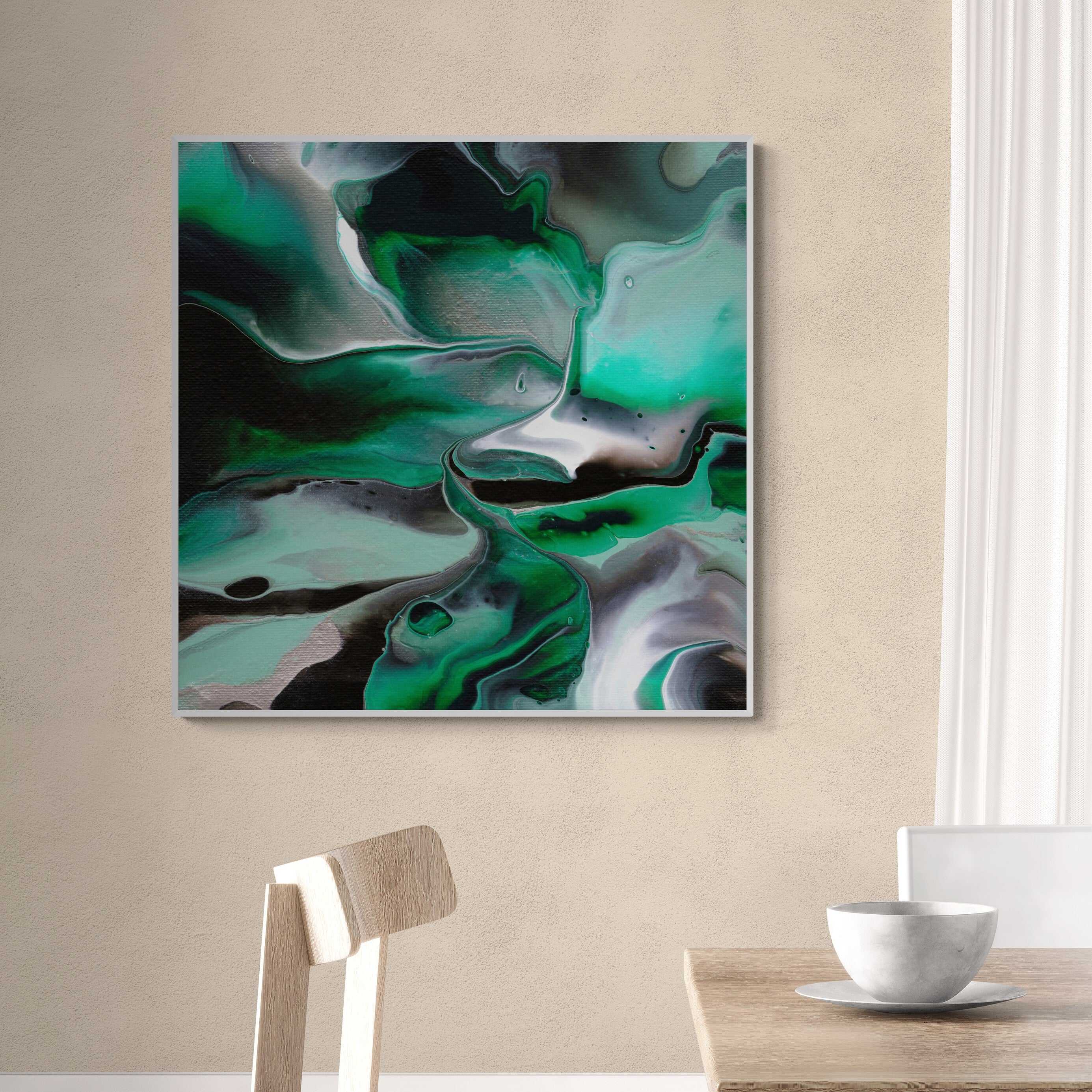NL modern art-art-print-manchester-uplifting-malachite-3-on-wall-over-a-dining-table-and-chairs-white-frame
