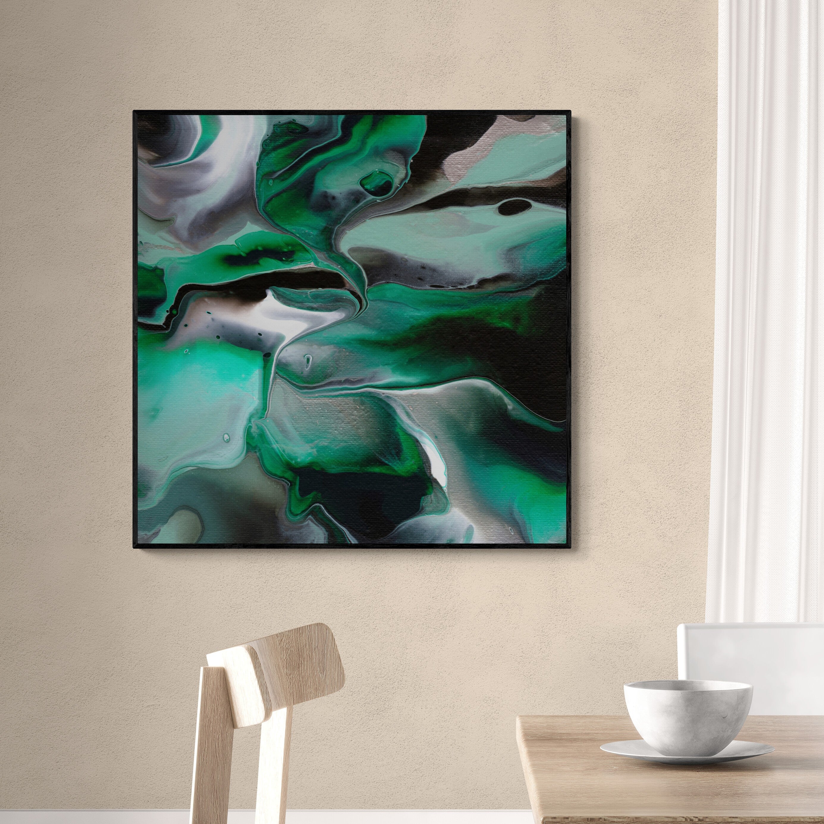NL modern art-art-print-manchester-uplifting-malachite-4-on-wall-over-a-dining-table-and-chairs-black-frame
