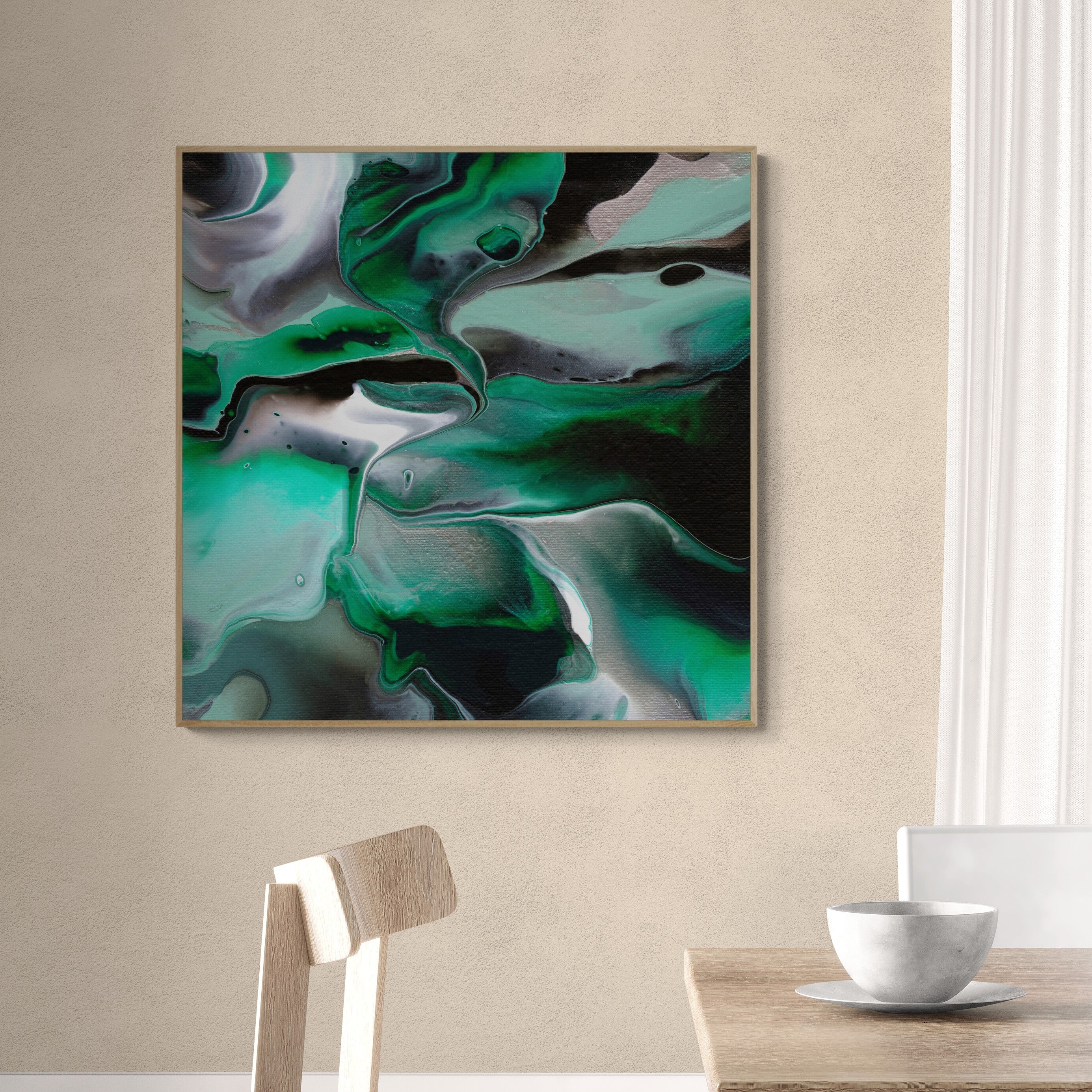 NL modern art-art-print-manchester-uplifting-malachite-4-on-wall-over-a-dining-table-and-chairs-oak-frame