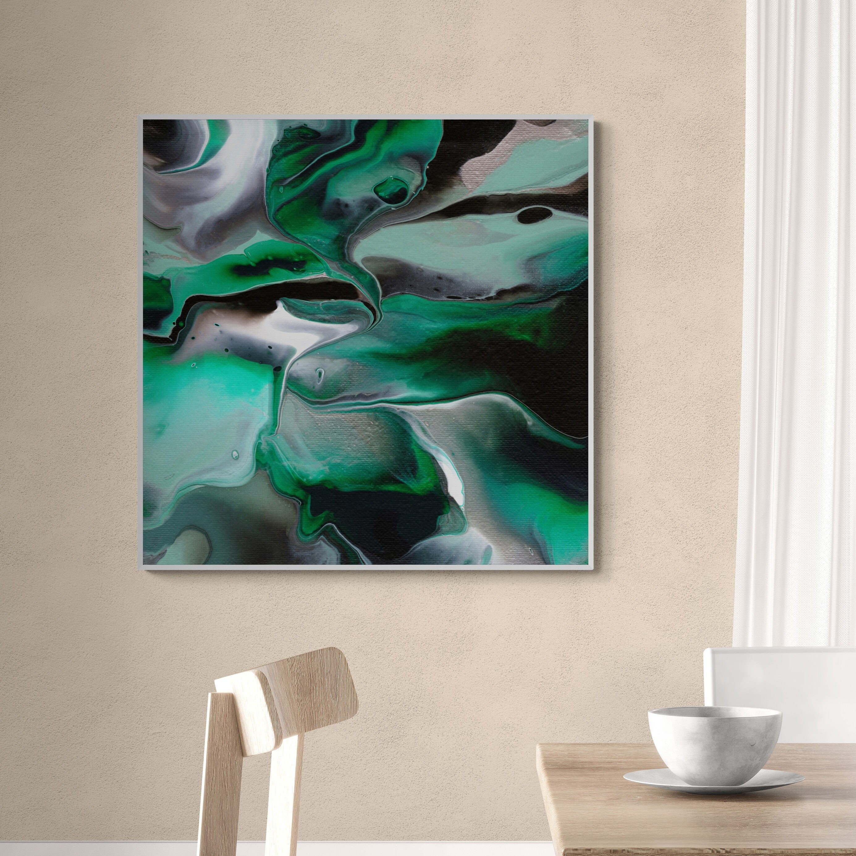 NL modern art-art-print-manchester-uplifting-malachite-4-on-wall-over-a-dining-table-and-chairs-white-frame