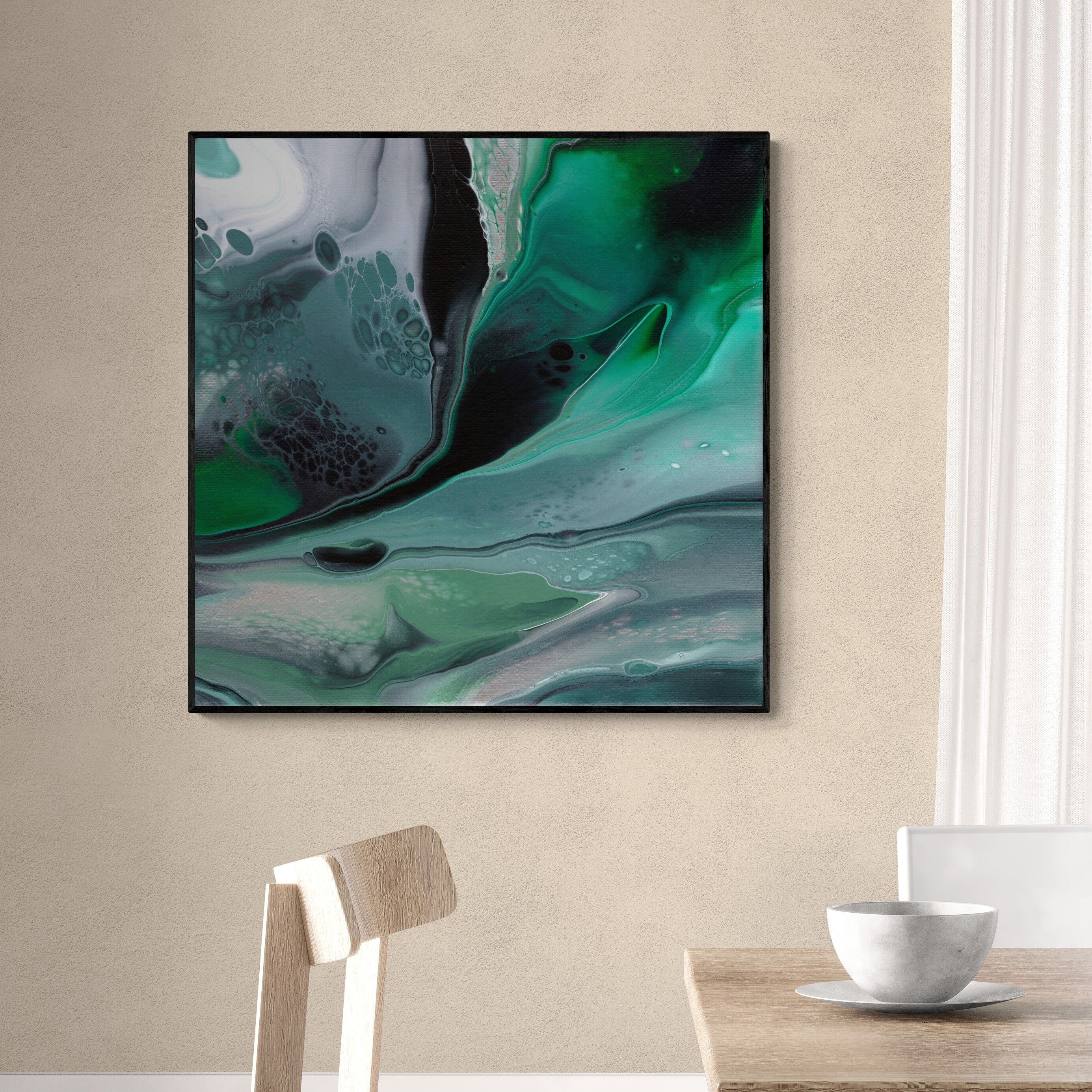 NL modern art-art-print-manchester-uplifting-malachite-5-on-wall-over-a-dining-table-and-chairs-black-frame