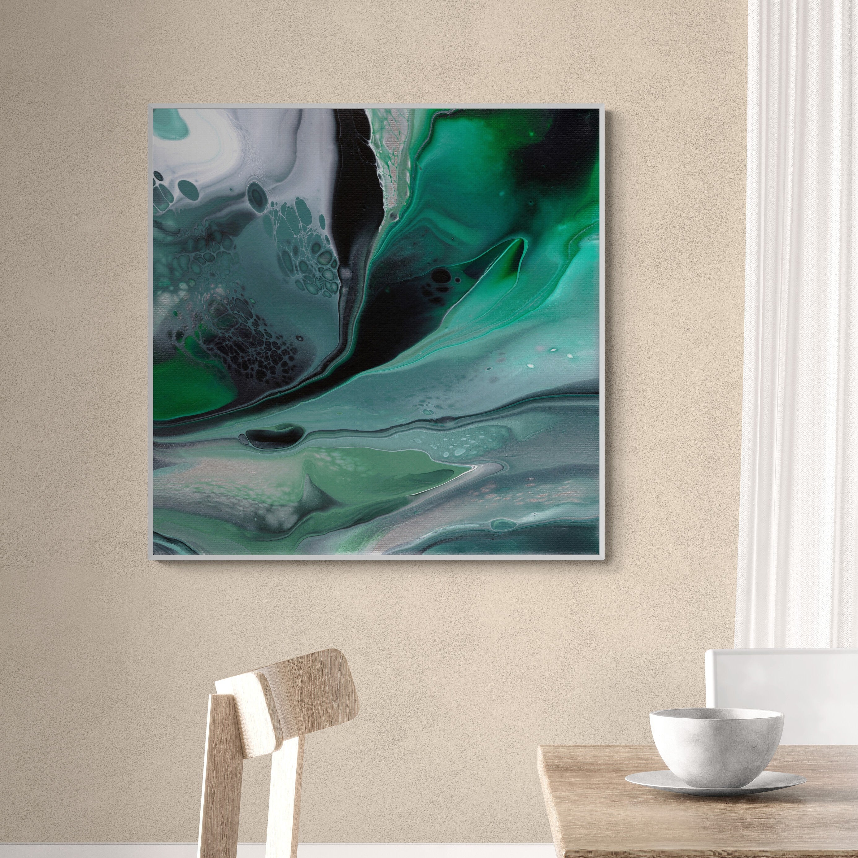 NL modern art-art-print-manchester-uplifting-malachite-5-on-wall-over-a-dining-table-and-chairs-white-frame