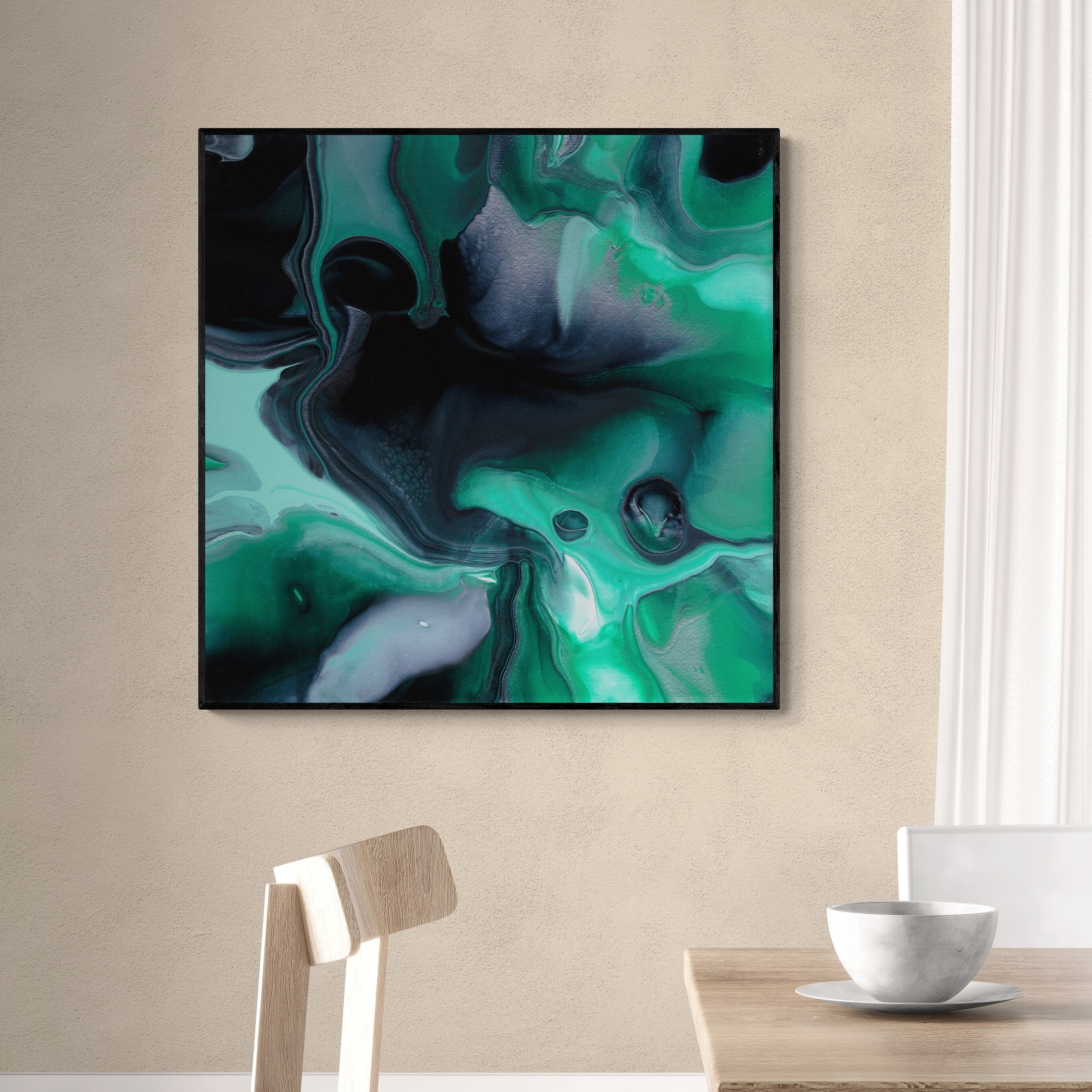 NL modern art-art-print-manchester-uplifting-malachite-6-on-wall-over-a-dining-table-and-chairs-black-frame