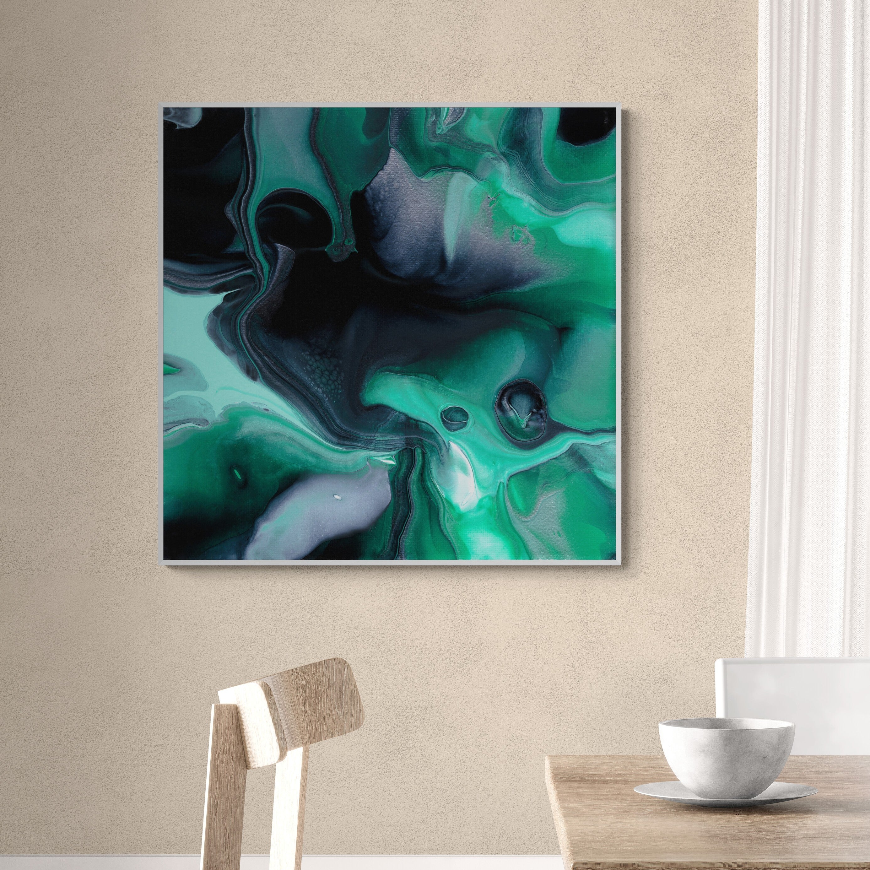 NL modern art-art-print-manchester-uplifting-malachite-6-on-wall-over-a-dining-table-and-chairs-white-frame