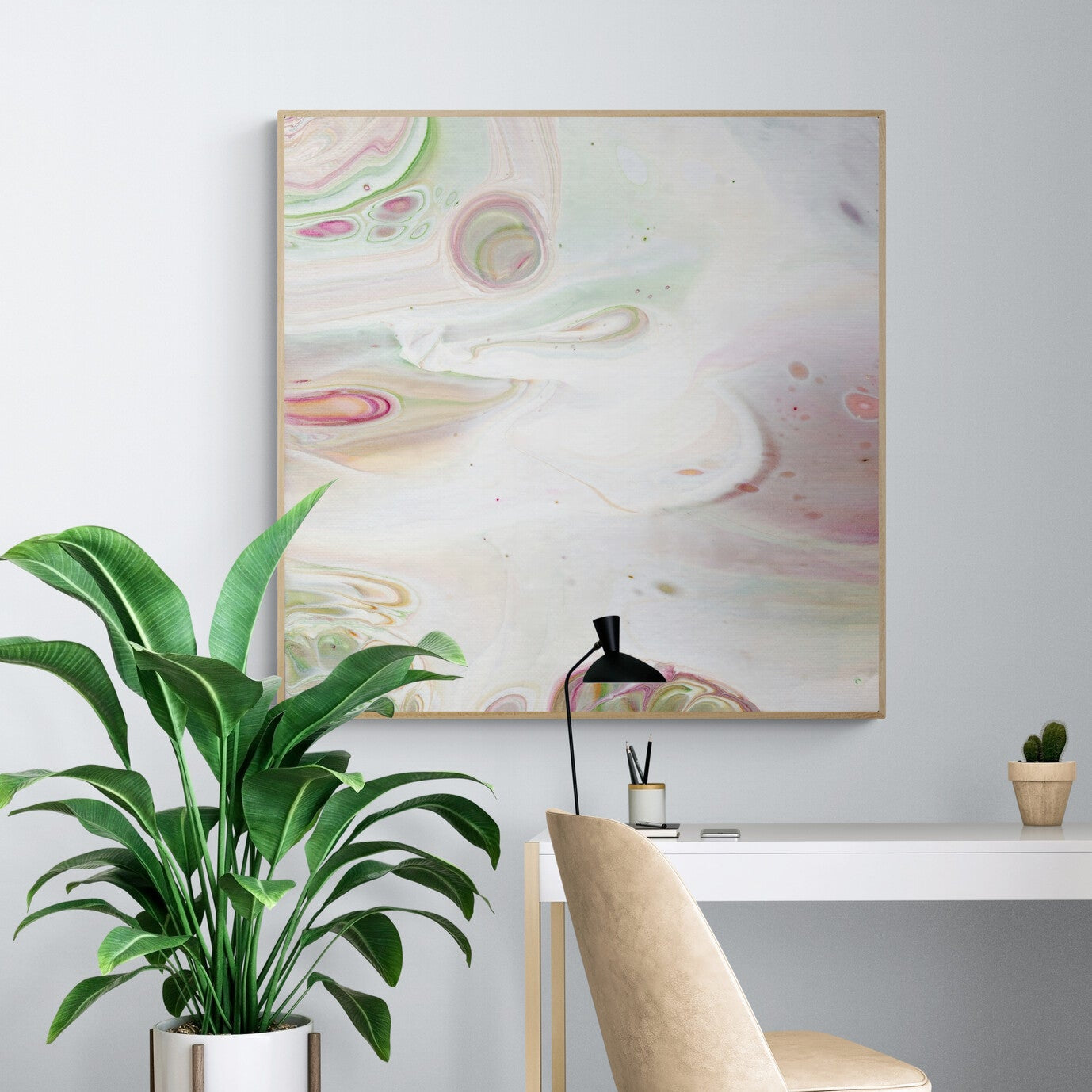 NL Modern Art Canvas Print gentle-tenderness-6 in oak frame on wall in-home-office-with-large-tropical-plant