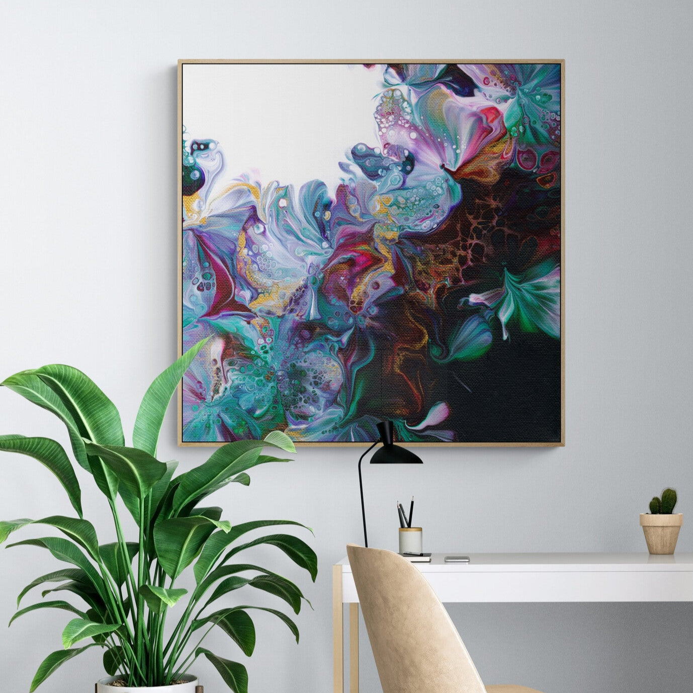 NL modern art-wall-art-canvas-print-abstract-floral-1-in-oak-frame-in-home-office-with-large-tropical-plant