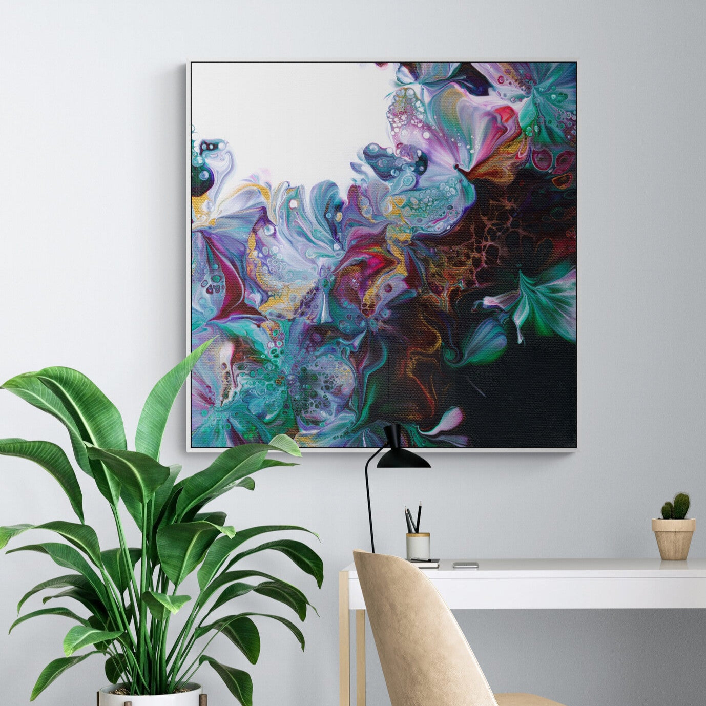 NL modern art-wall-art-canvas-print-abstract-floral-1- in white-frame in-home-office-with-large-tropical-plant