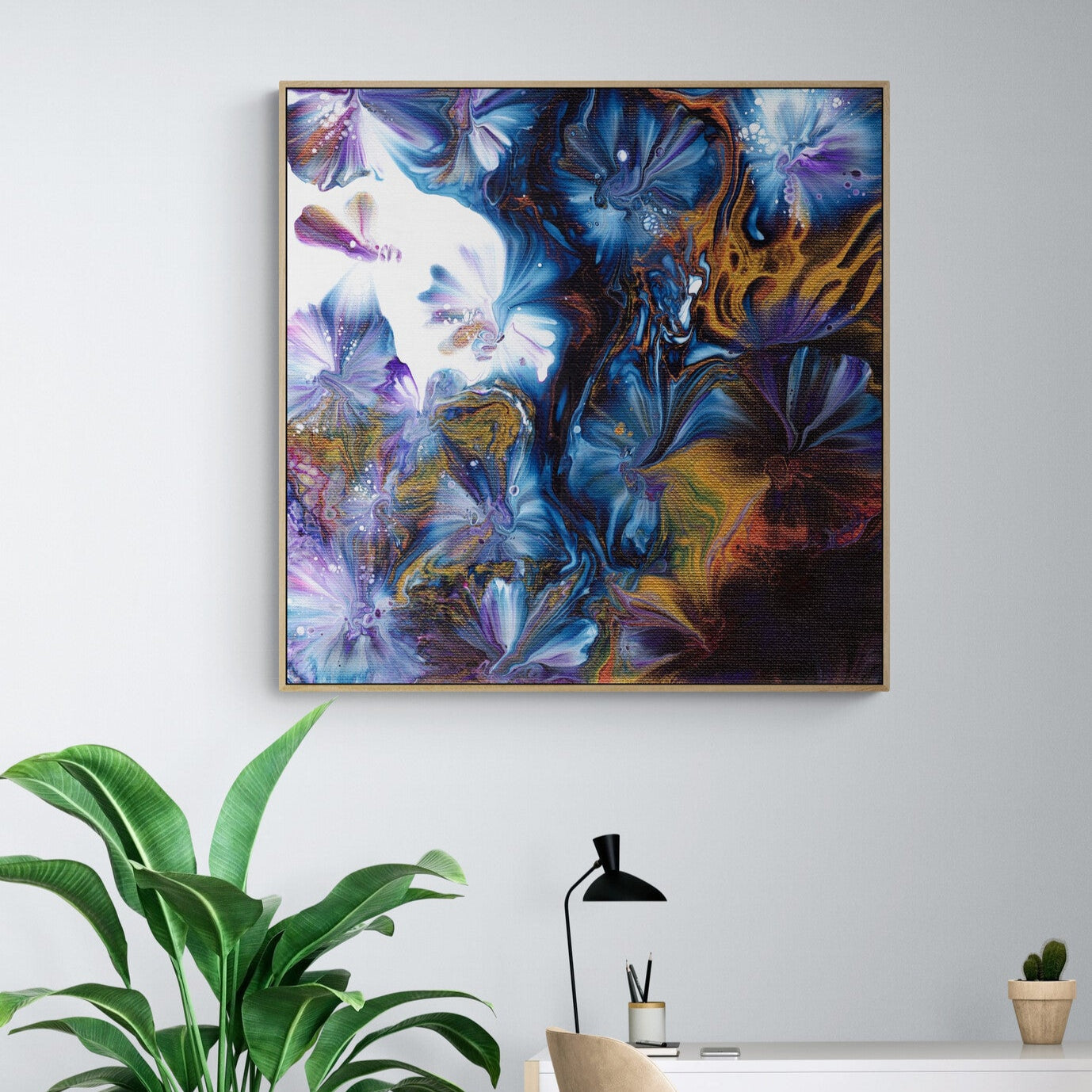 NL modern art-wall-art canvas print abstract-floral-2 in oak frame in-home-office-with-large-tropical-plant