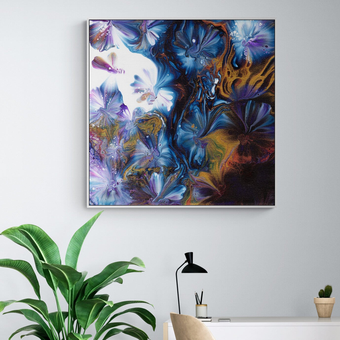 NL modern art-wall-art-canvas print abstract-floral-2-in-white frame in home-office-with-large-tropical-plant