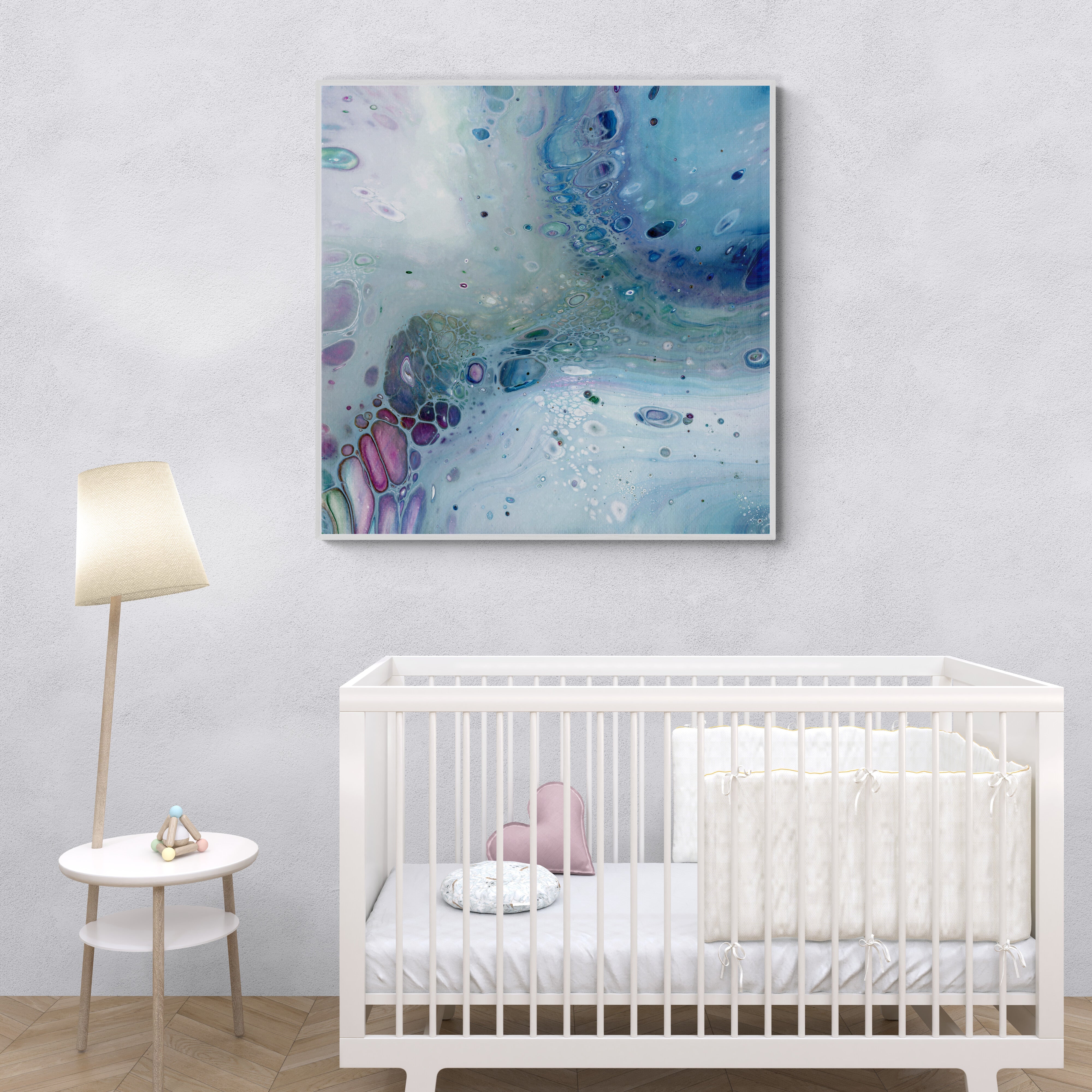 NL modern art-wall-art canvas print gentle-pastel-1 in white frame in nursery-room-with-cot-and-table