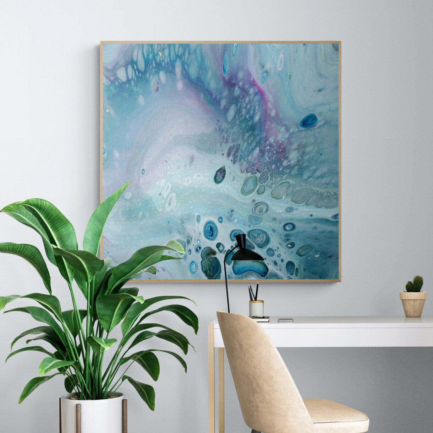 NL modern art-wall-art canvas print gentle-pastel-2-in oak frame in home-office-with-large-tropical-plant