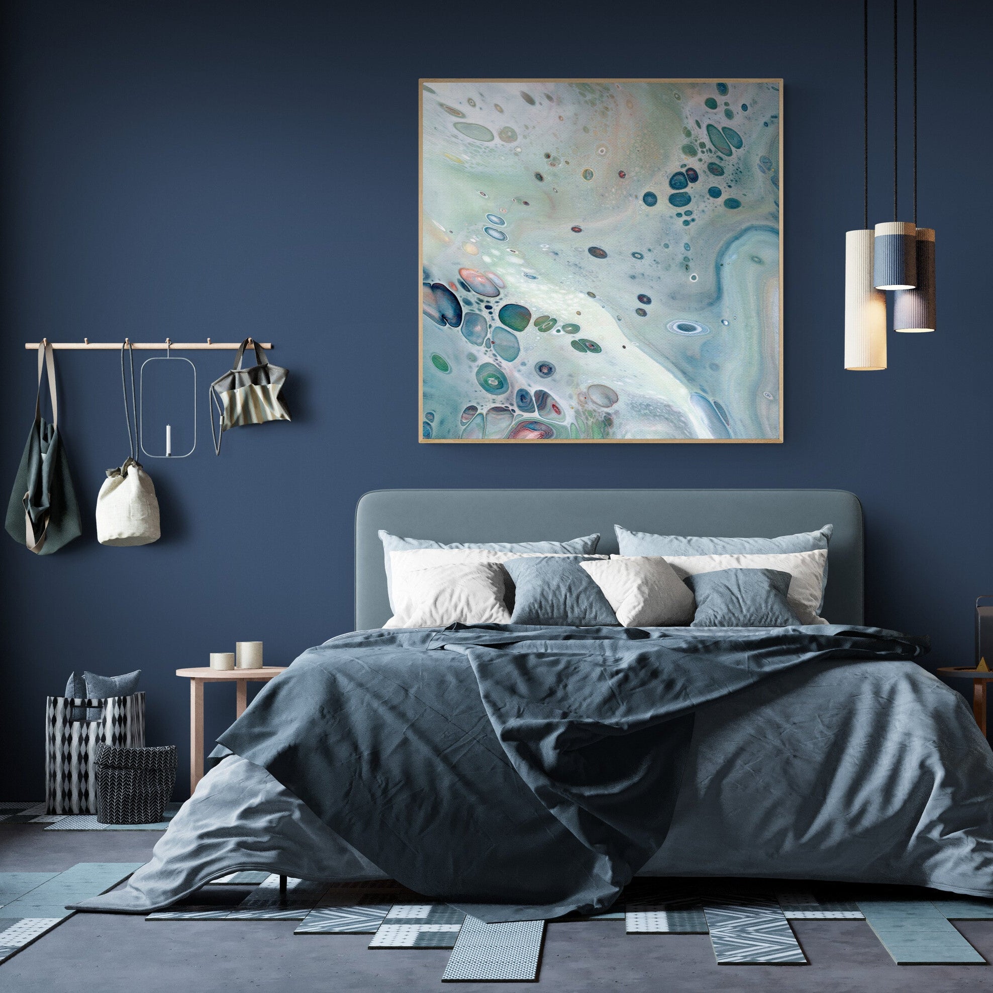 NL modern art-wall-art-canvas print gentle-pastel-3 in oak frame in-stunning-industrial-loft-bedroom