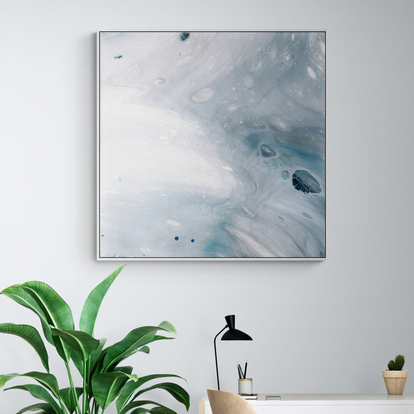NL Modern Art Wall Art Canvas Print Gentle Pastel 5 in white frame in-home-office-with-large-tropical-plant