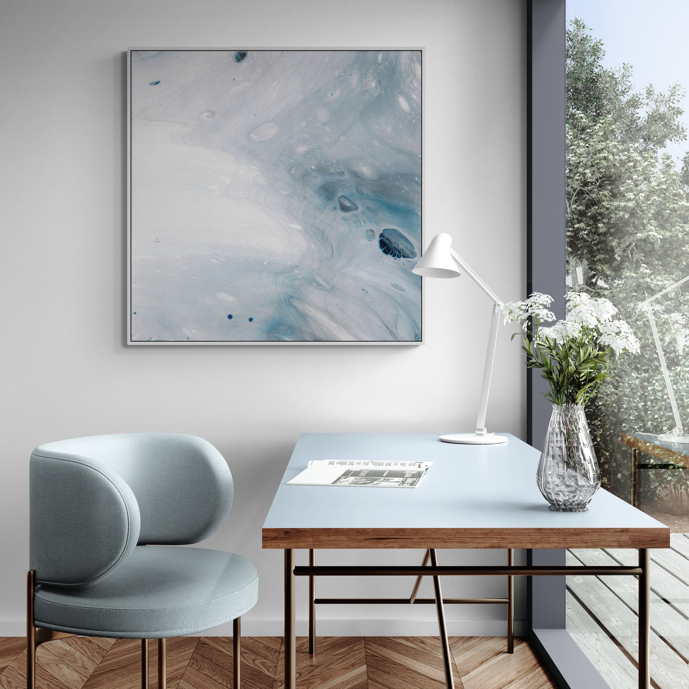 NL Modern Art Canvas Print gentle-pastel 5 in white frame in-home-office-with-window-view