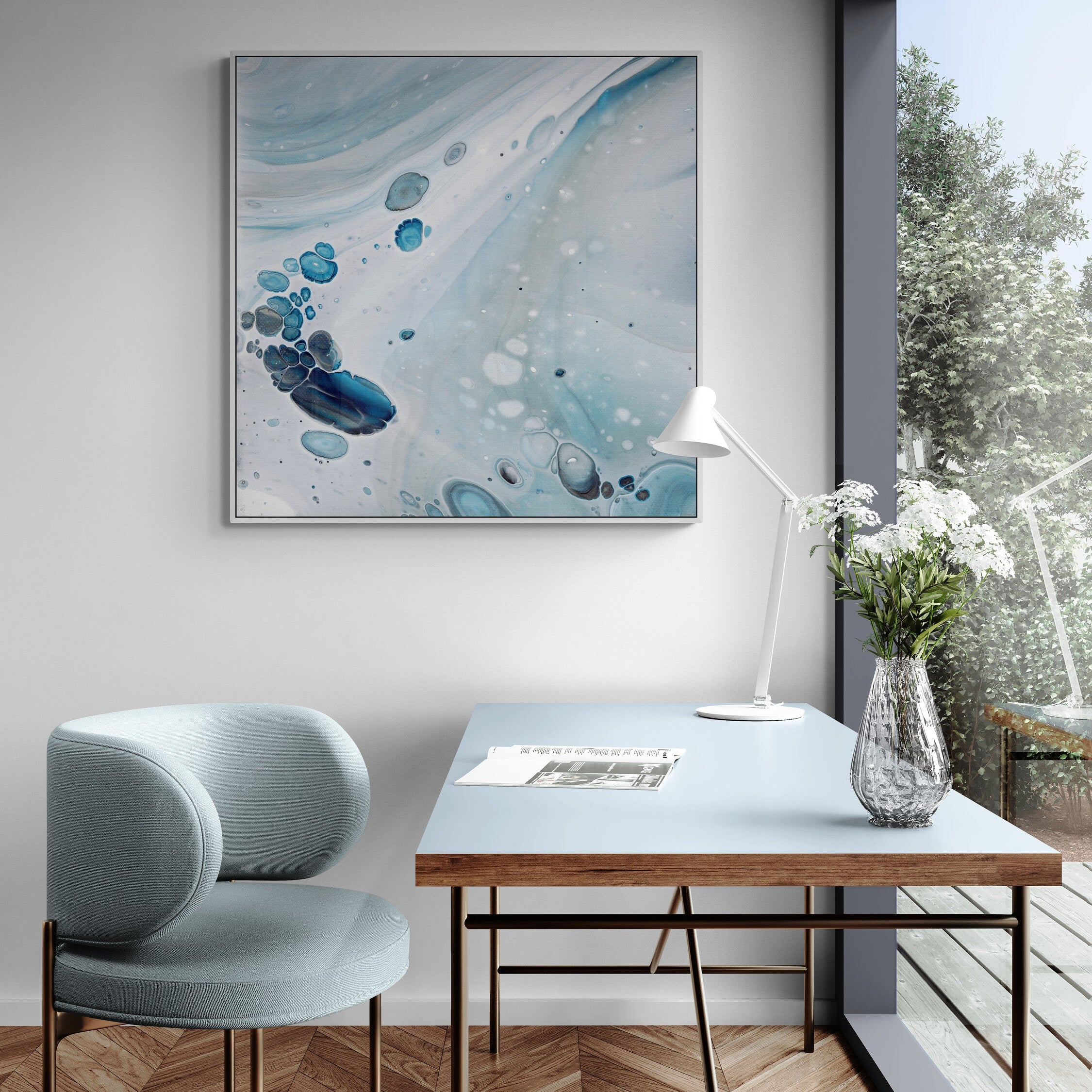 NL Modern Art canvas print gentle-pastel-6 in white frame in-home-office-with-window-view-white