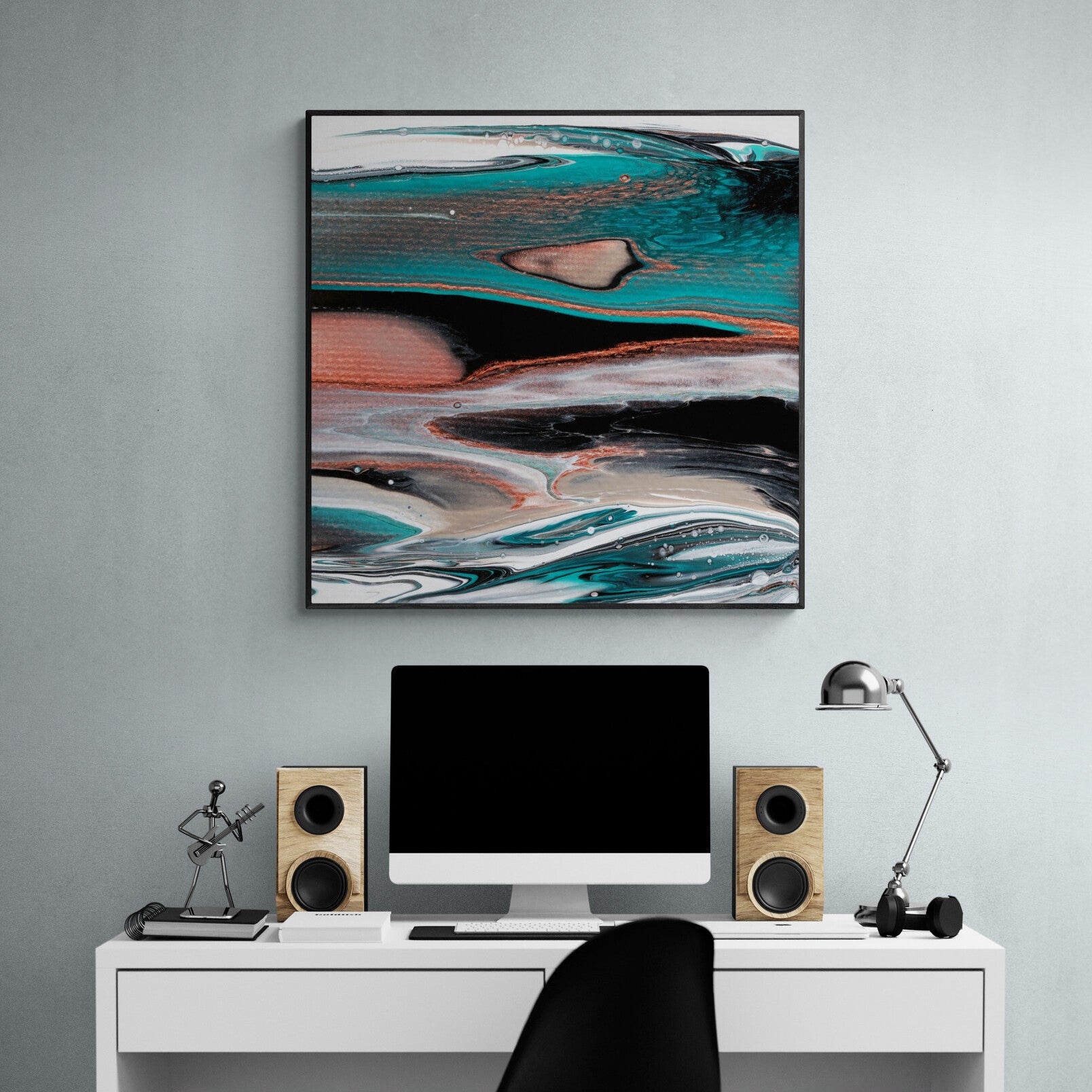 NL Modern Art-canvas print-healing-teal 1 in black frame over-home-office-desk-with-computer