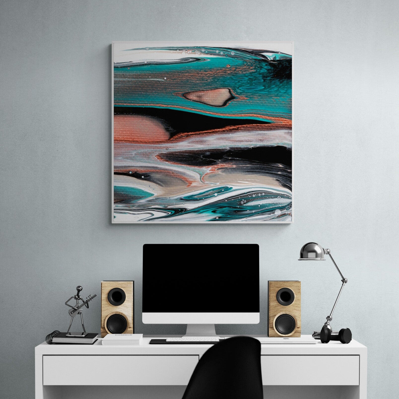 NL Modern Art-canvas print-healing-teal 1 in white frame over-home-office-desk-with-computer