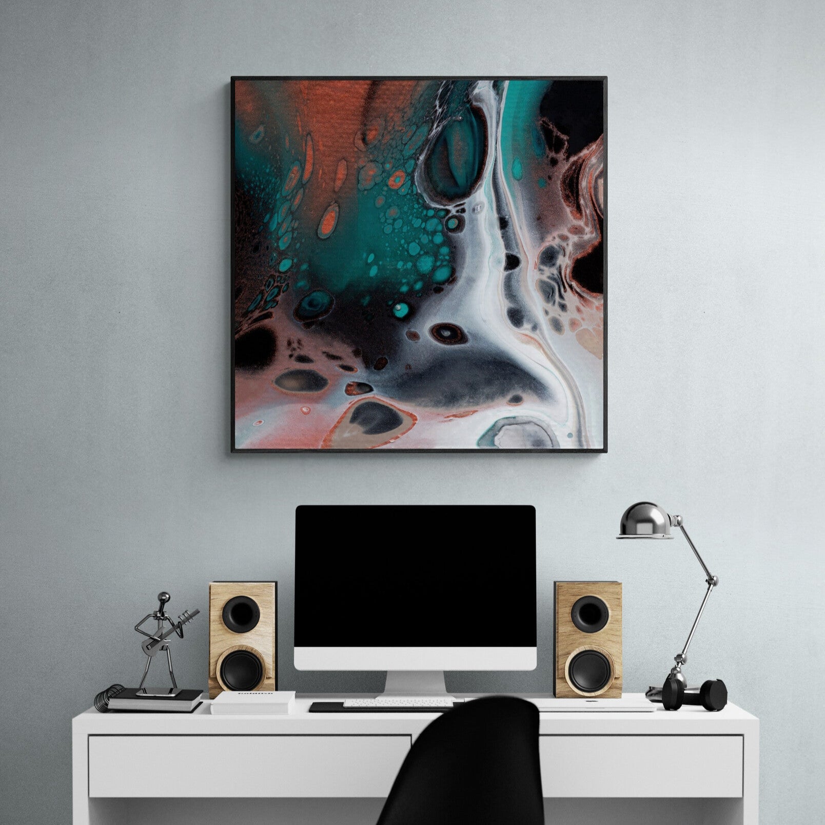 NL Modern Art canvas print healing-teal-2 in black frame over-home-office-desk-with-computer