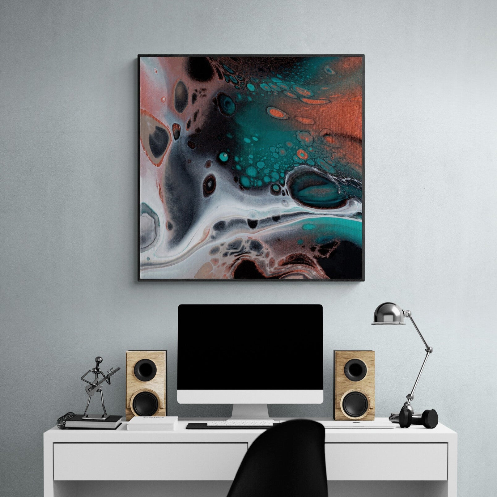 Wall-art-canvas-print-healing-teal-3-in-black-frame-over-home-office-desk-with-computer
