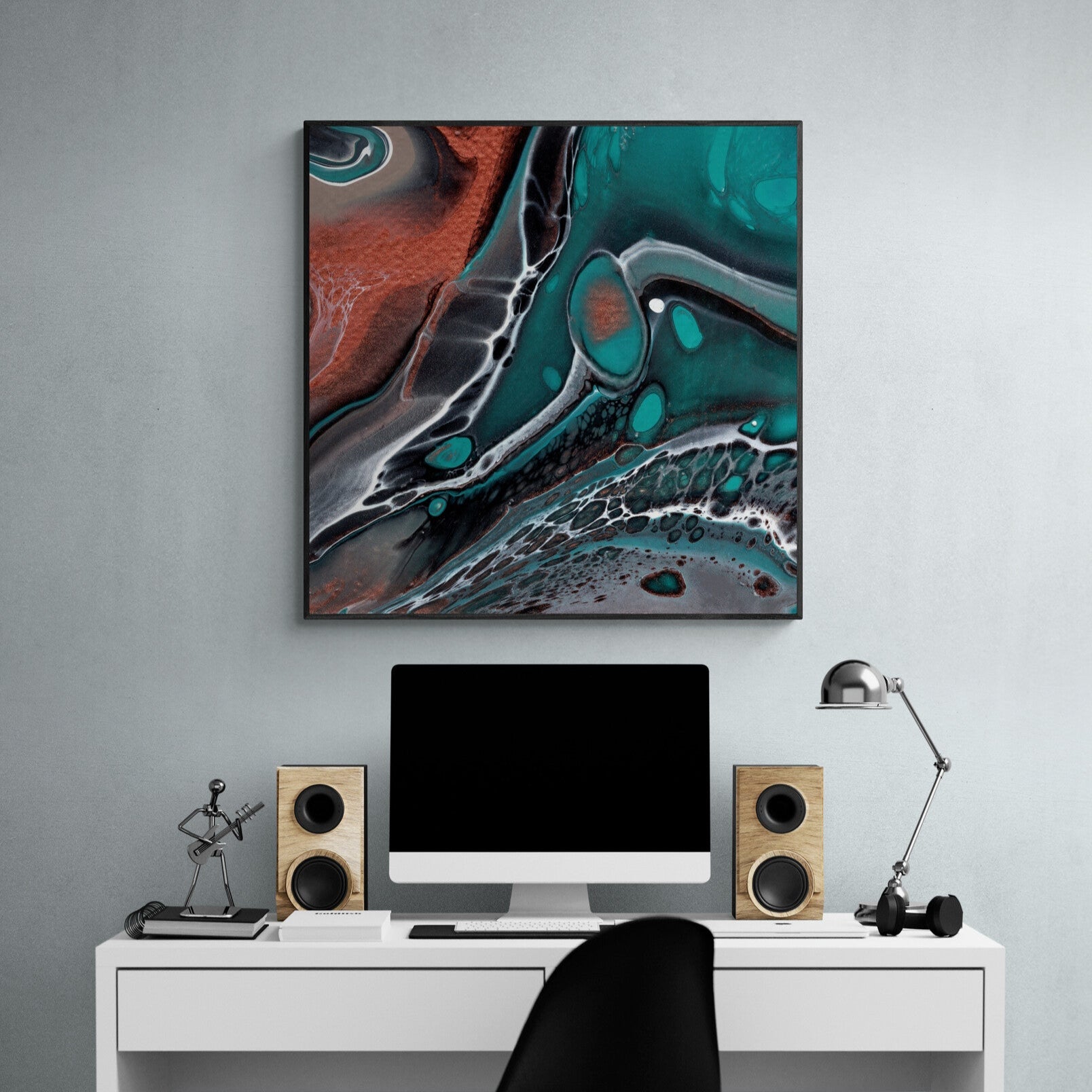 Wall-art-Canvas print healing-teal-4-over-home-office-desk-with-computer-black-frame