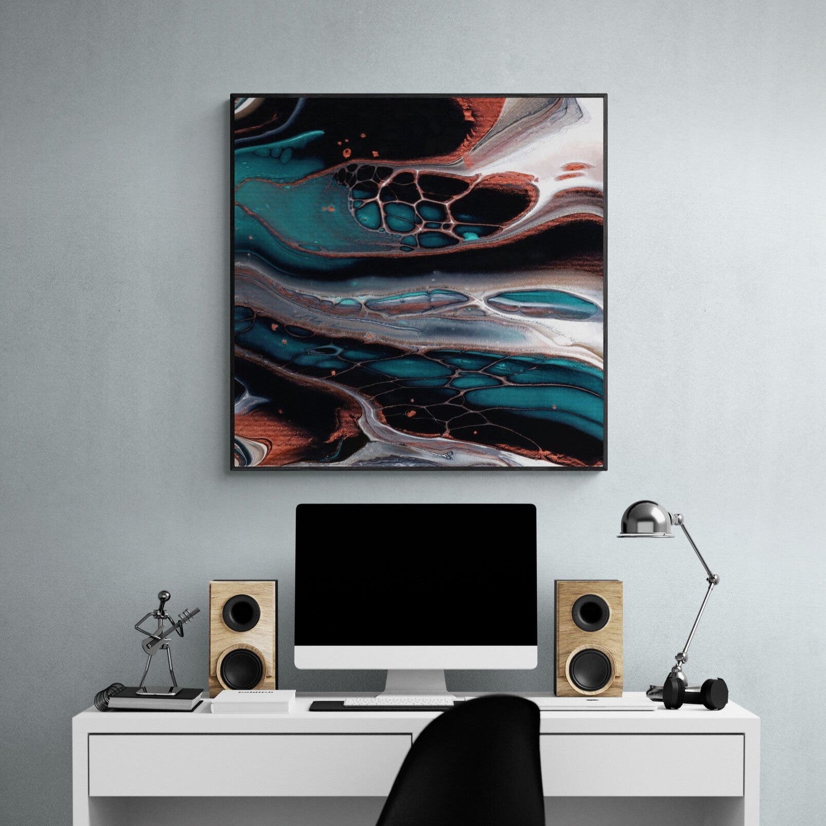 Canvas print Healing Teal 6 in black frame over home office desk with computer