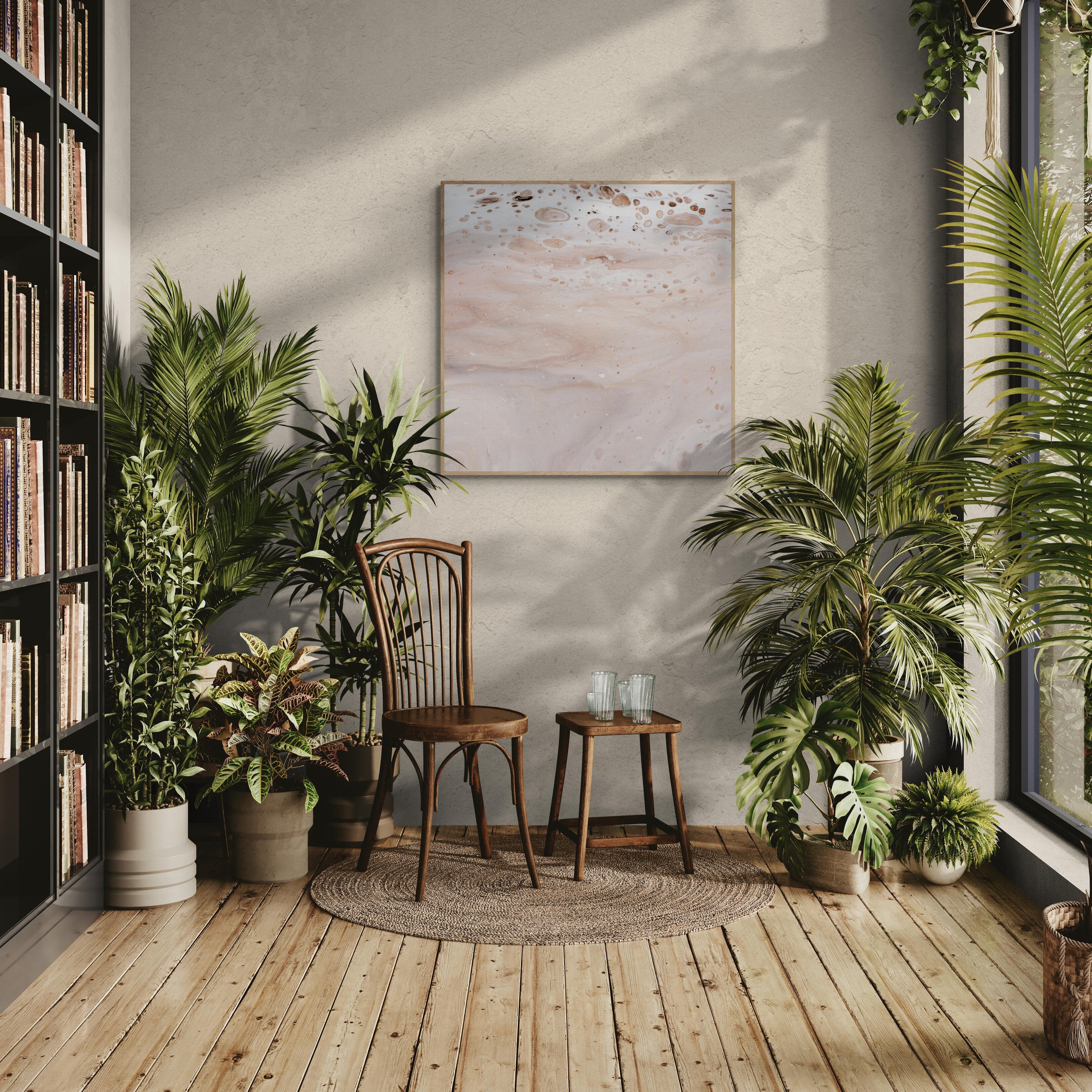 NL modern art-art-prints-soothing-neutrals-1-on-wall-in-warm-room-filled-with-tropical-plants-oak-frame