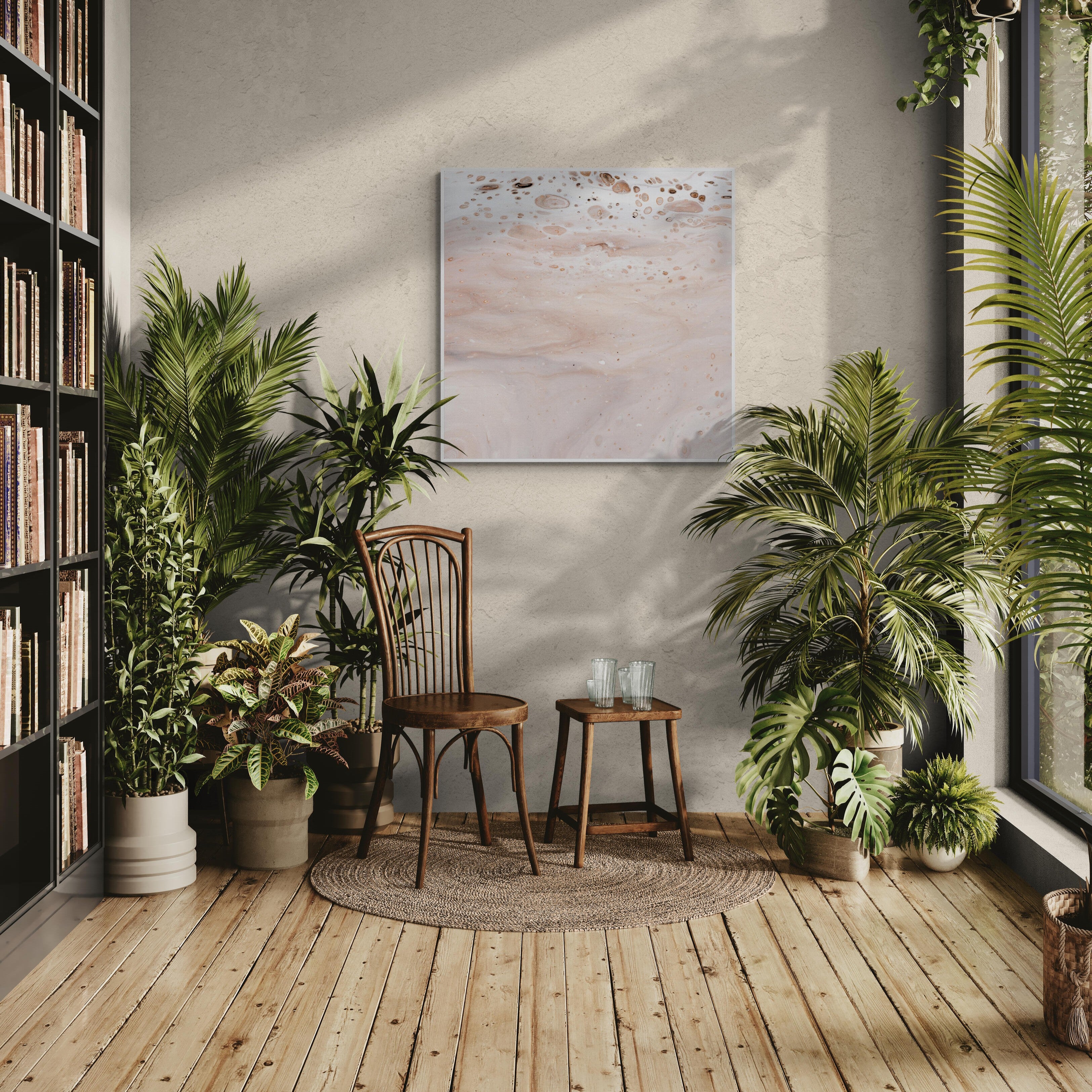 NL modern art-art-prints-soothing-neutrals-1-on-wall-in-warm-room-filled-with-tropical-plants-white-frame