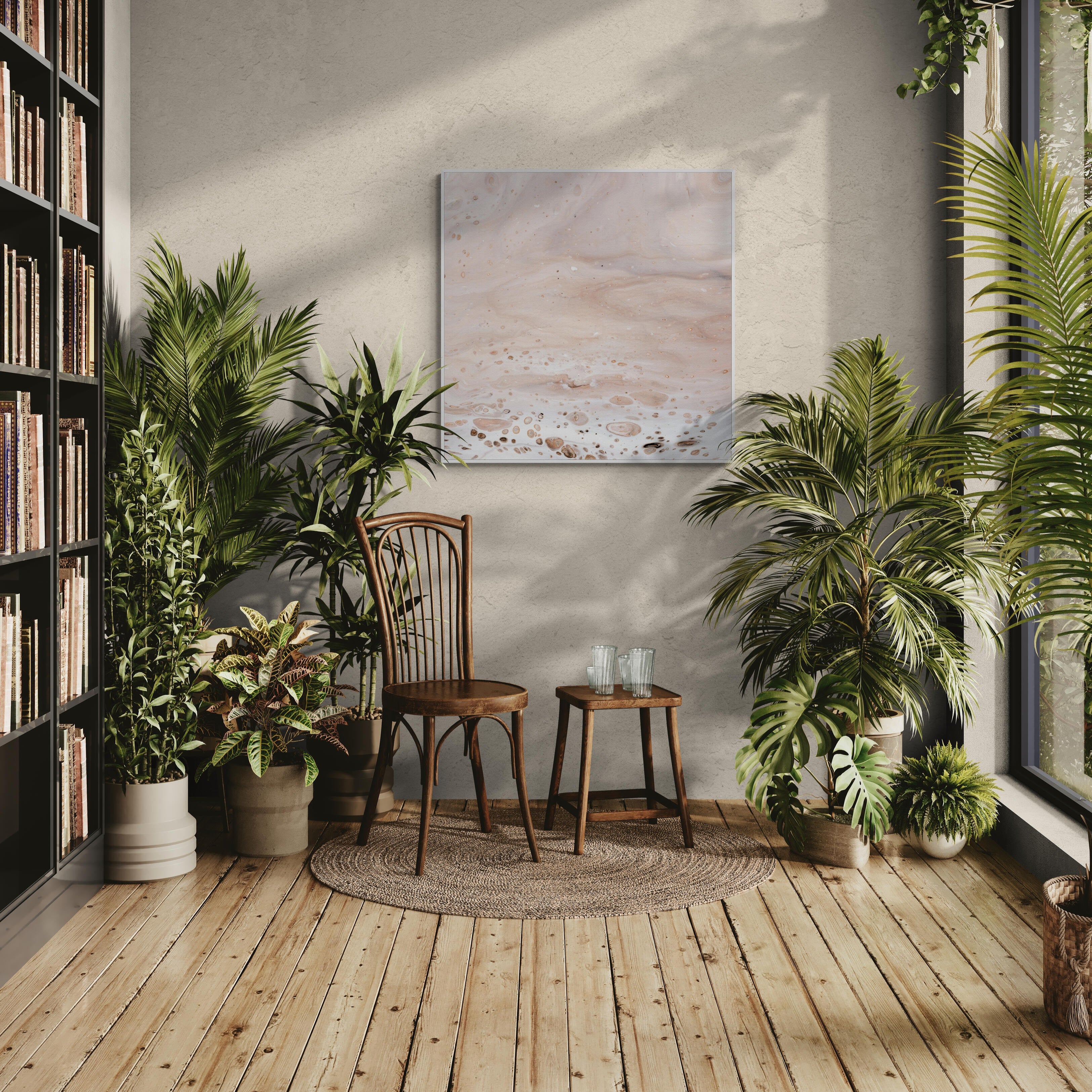 NL modern art-art-prints-soothing-neutrals-2-on-wall-in-warm-room-filled-with-tropical-plants-white-frame