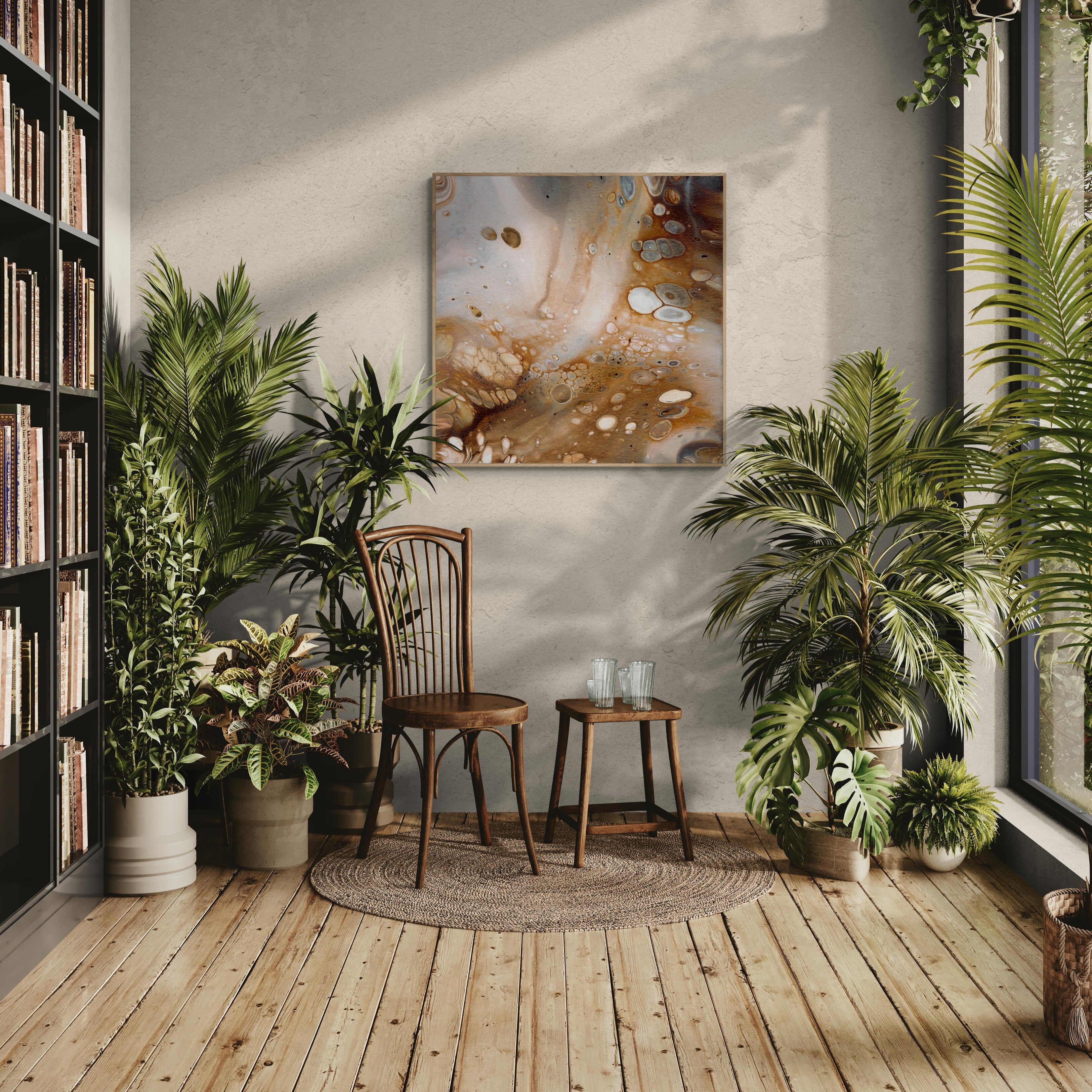 NL modern art-art-prints-soothing-neutrals-5-on-wall-in-warm-room-filled-with-tropical-plants-oak-frame