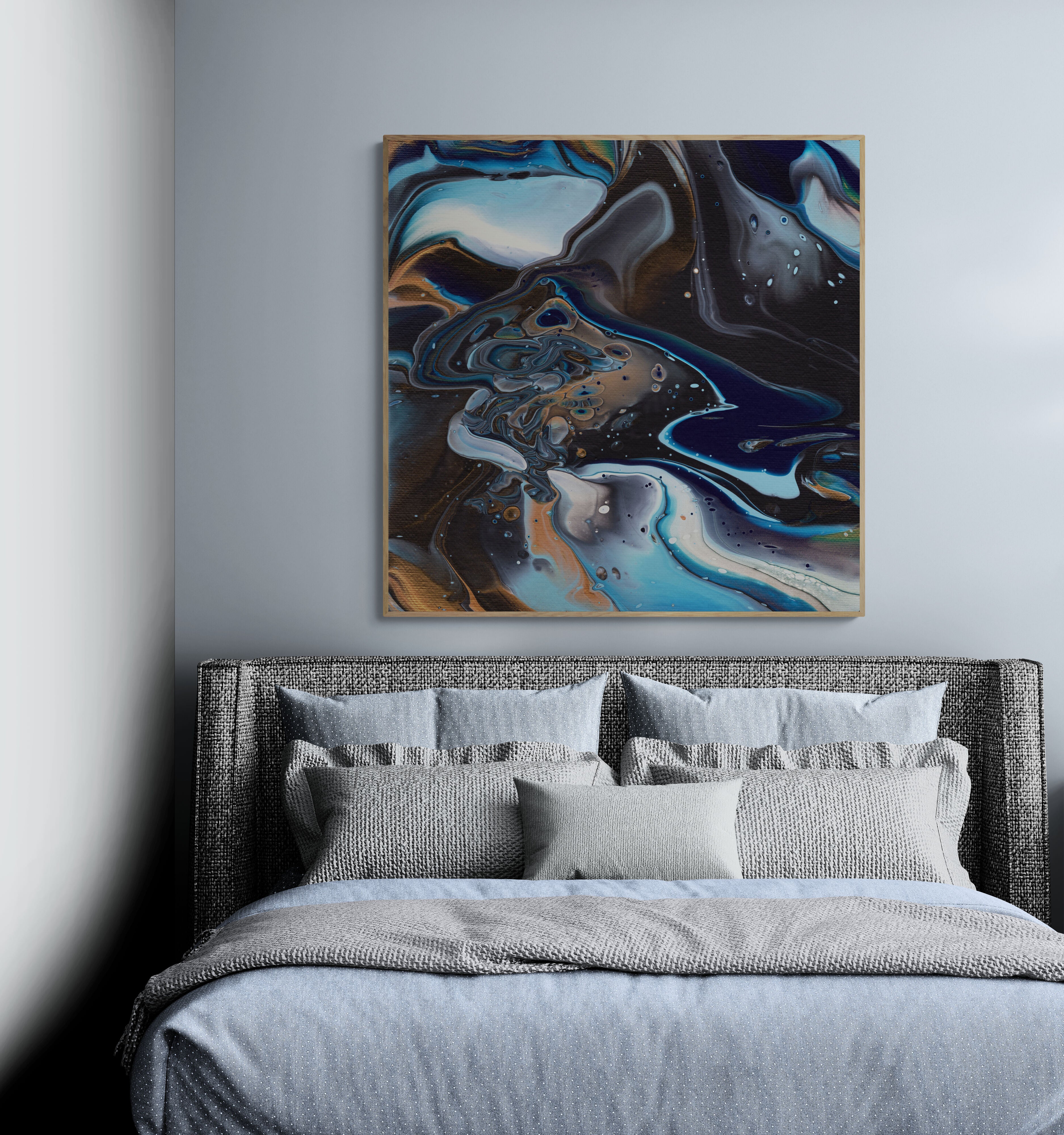 NL modern art-canvas-print-deep-passion-1-on-wall-in-cozy-bedroom-over-modern-bed-oak-frame