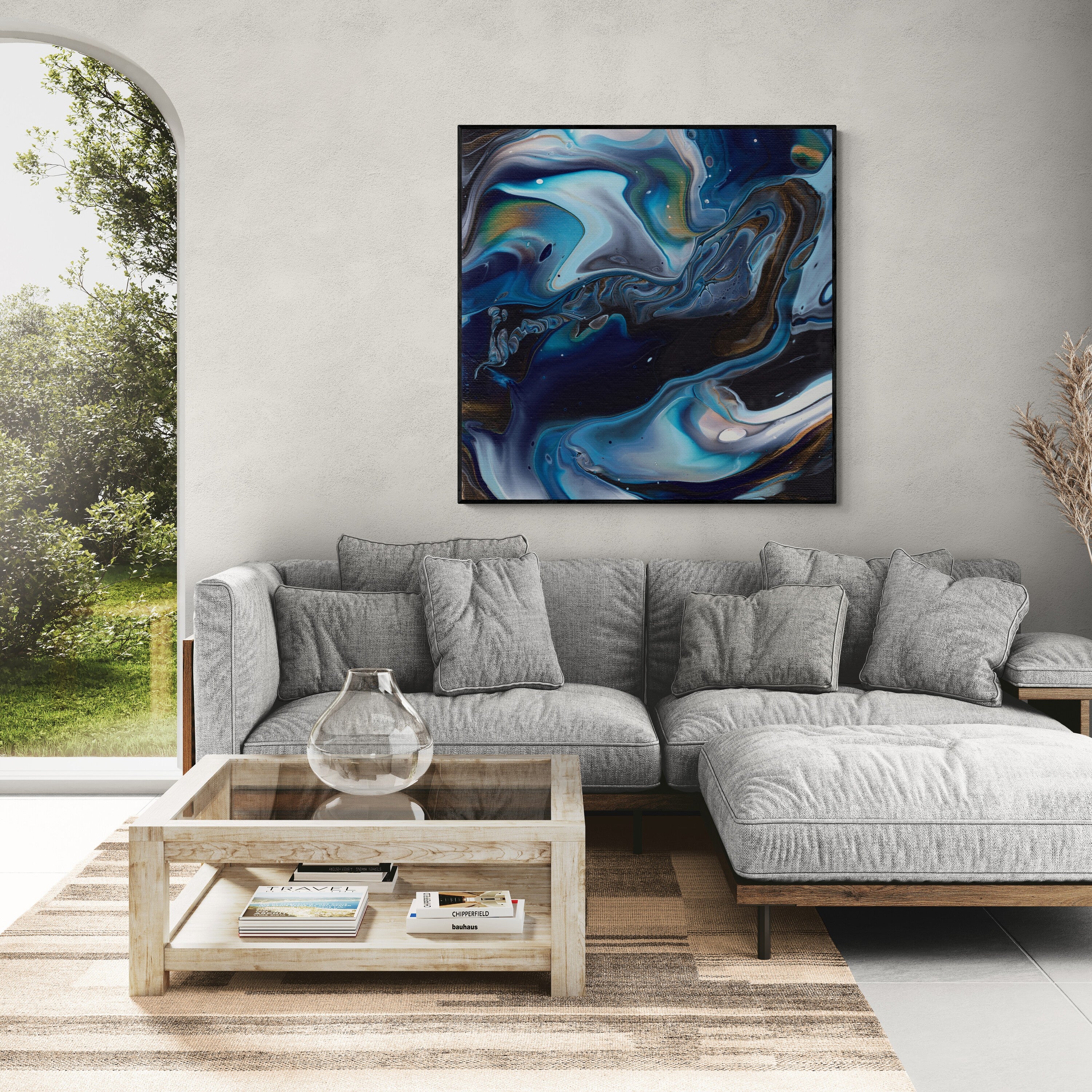 NL modern art-canvas-print-deep-passion-3-on-wall-in-living-room-with-comfy-sofa-and-window-views-black-frame