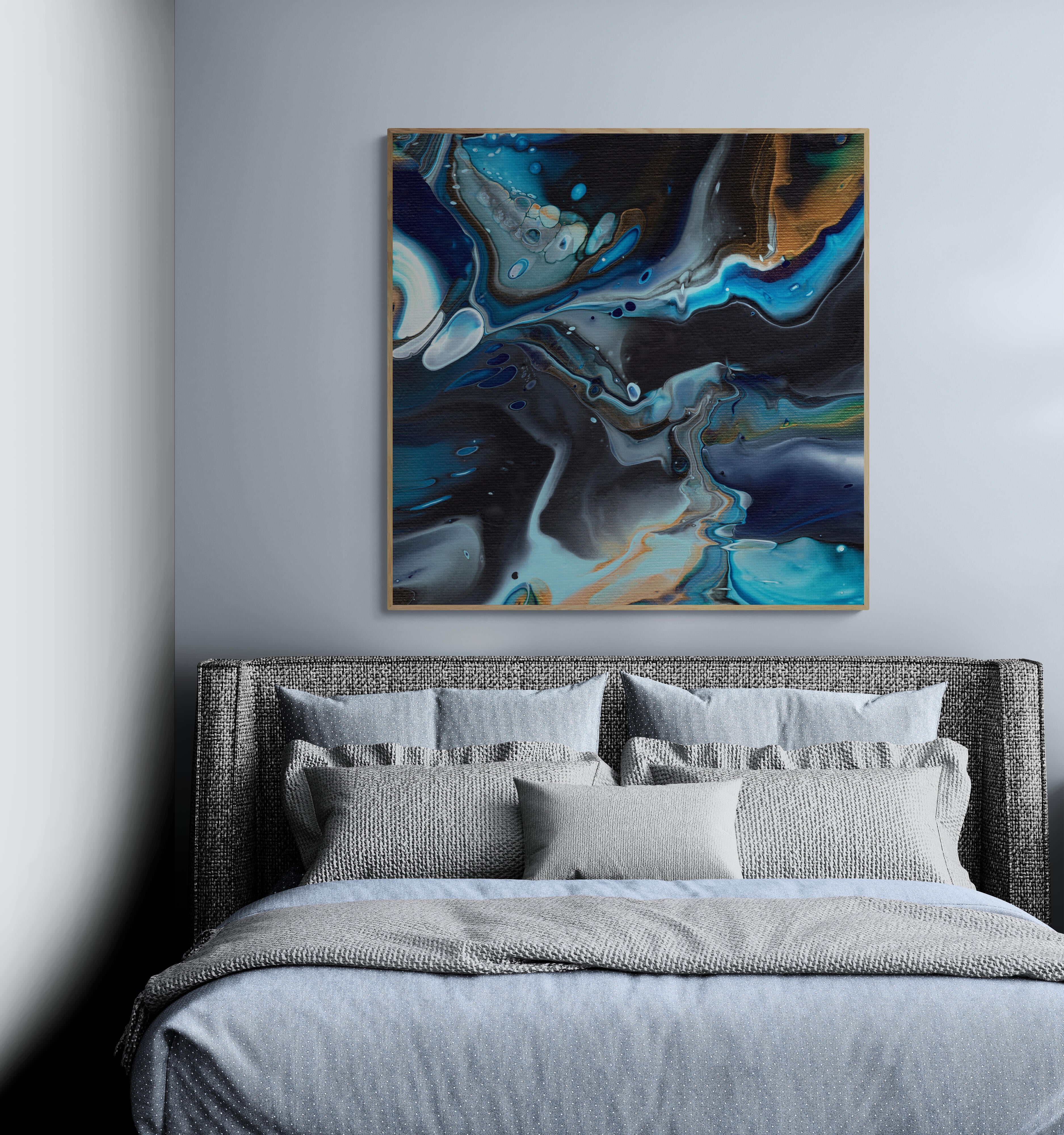 NL modern art-canvas-print-deep-passion-6-on-wall-in-cozy-bedroom-over-modern-bed-white-frame-oak-frame