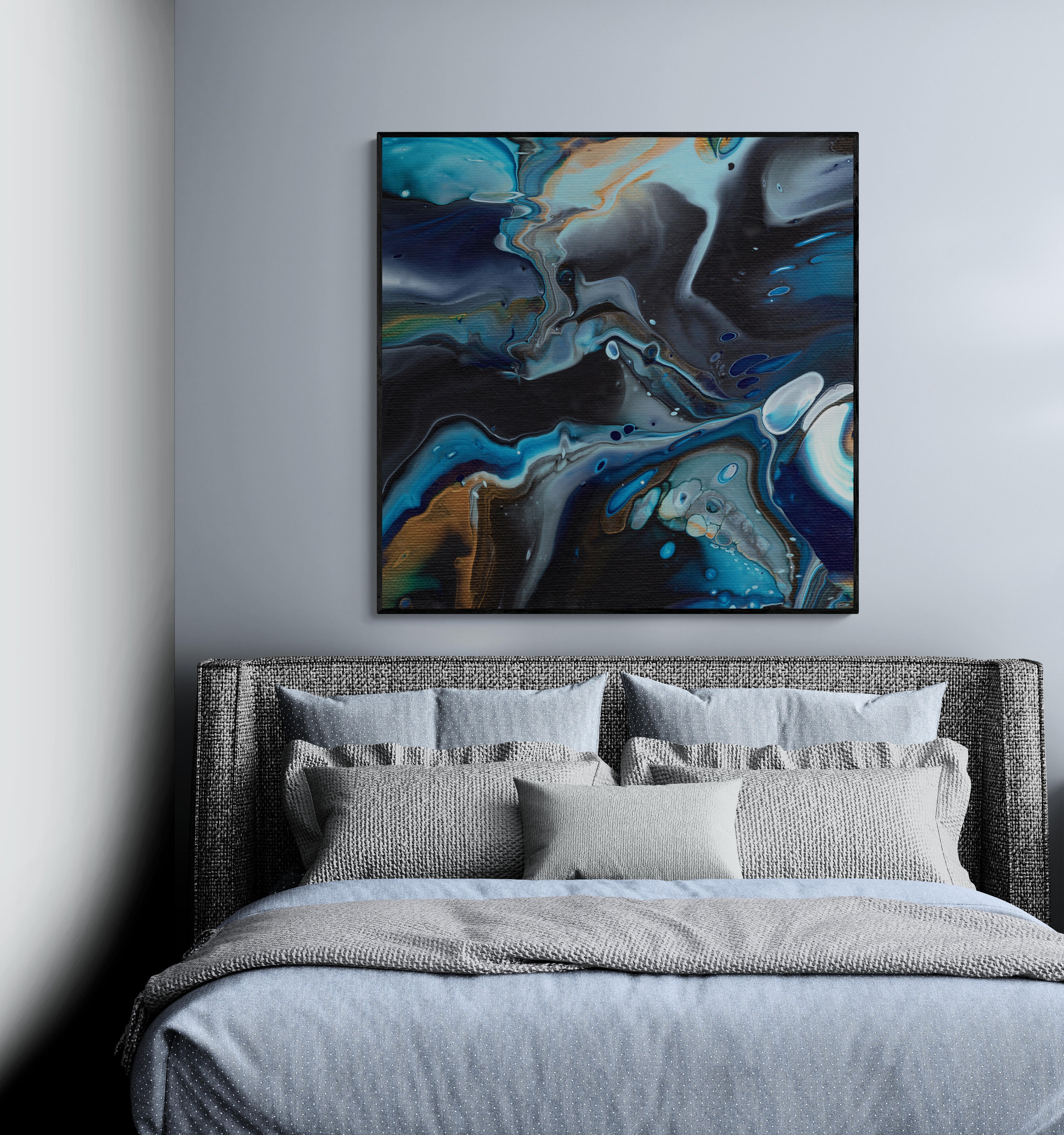 NL modern art-canvas-print-deep-passion-7-on-wall-in-cozy-bedroom-over-modern-bed-black-frame