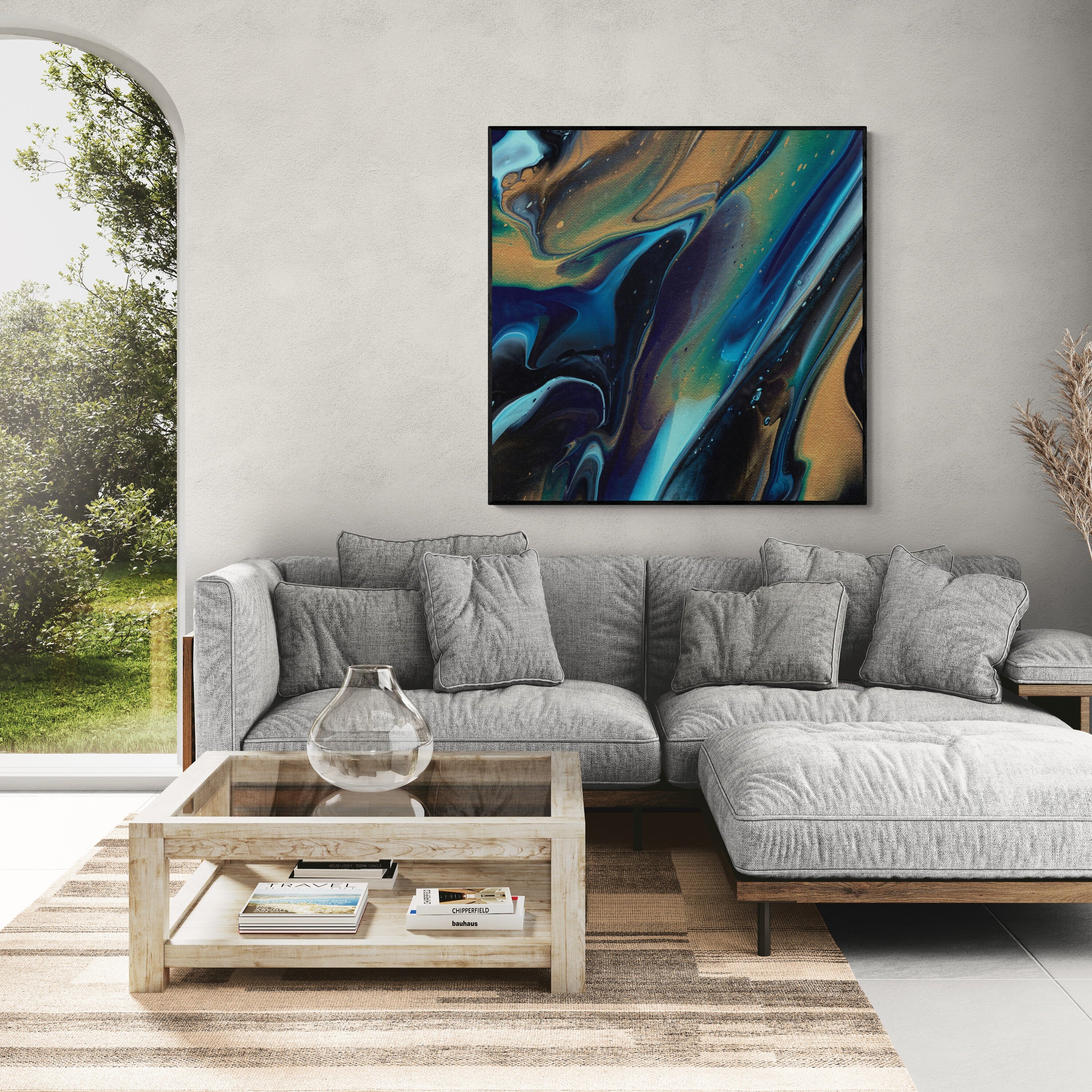 NL modern art-canvas-print-deep-passion-8-on-wall-in-living-room-with-comfy-sofa-and-window-views-black-frame