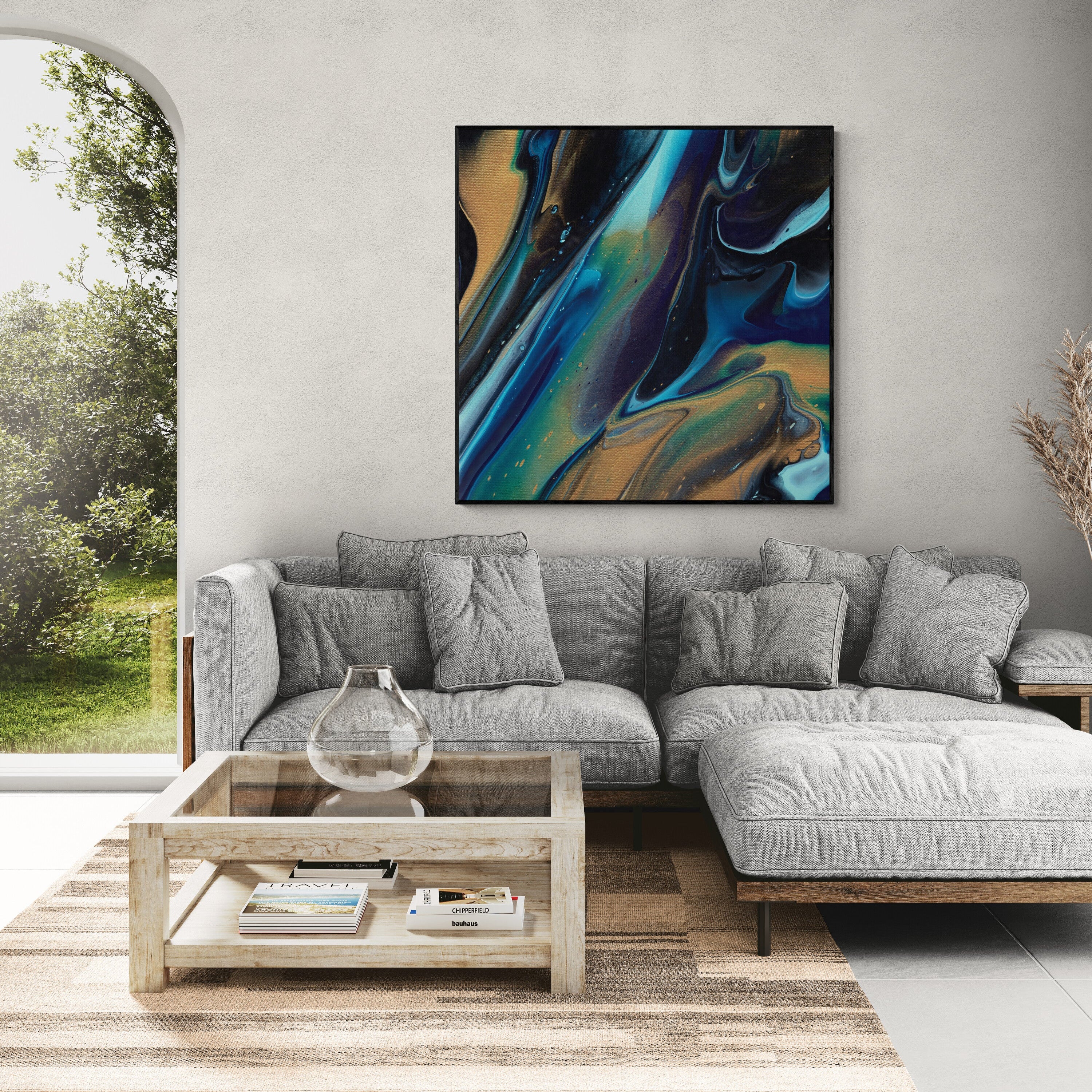 NL modern art-canvas-print-deep-passion-9 in black frame on-wall-in-living-room-with-comfy-sofa-and-window-views