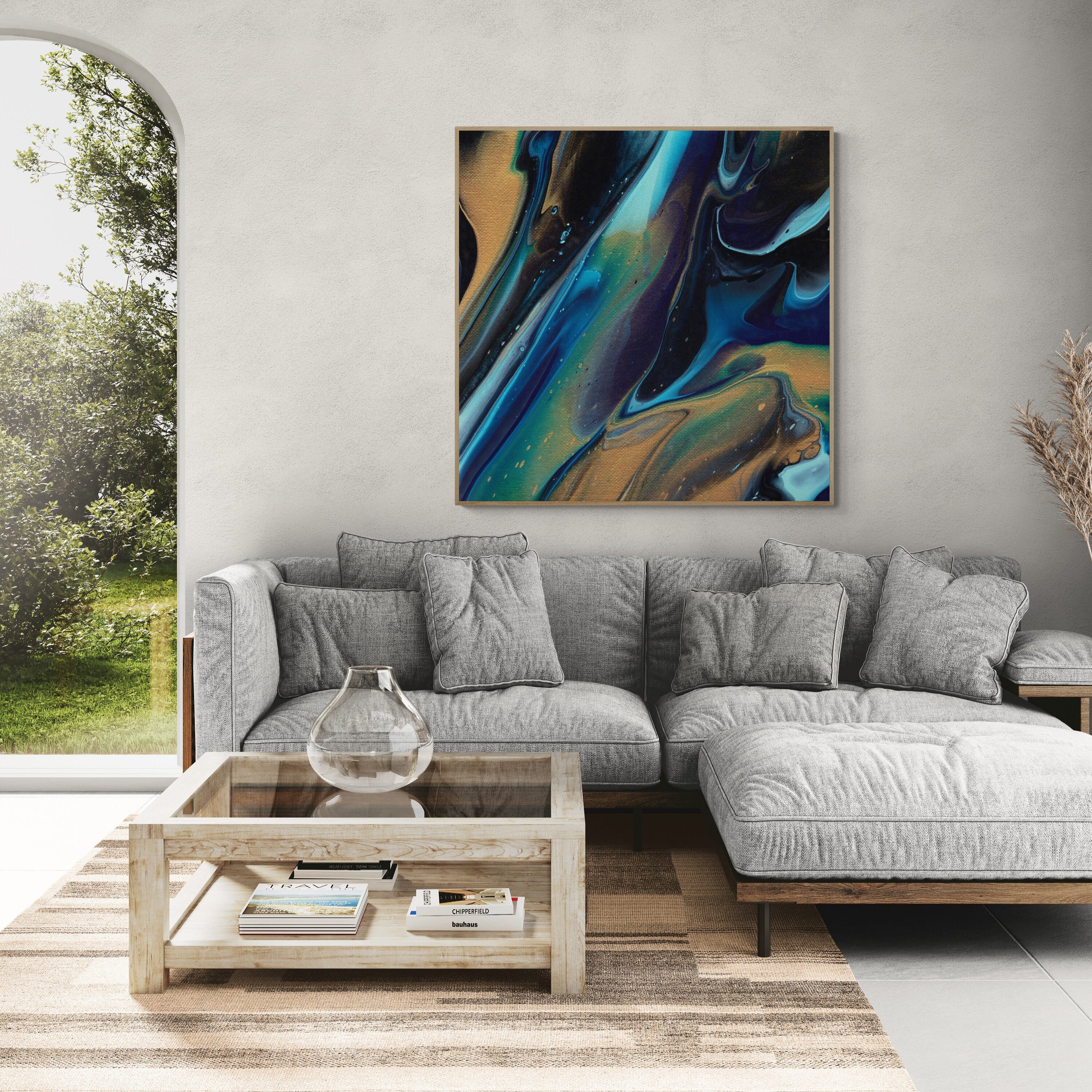 NL modern art-canvas-print-deep-passion-9-on-wall-in-living-room-with-comfy-sofa-and-window-views-oak-frame