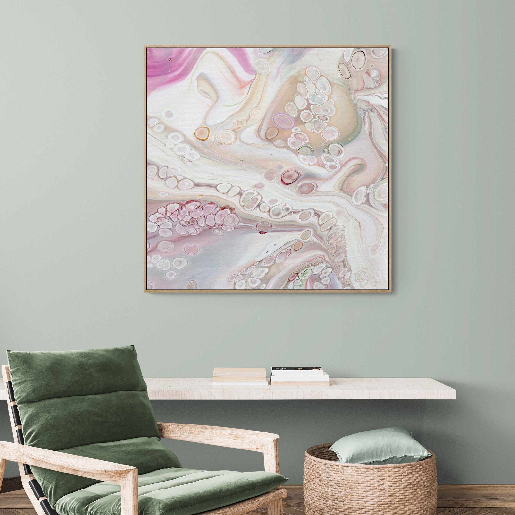 NL Modern Art Canvas Print gentle-tenderness-1-in oak frame on wall in cozy-room-with-armchair-and-wall-shelf