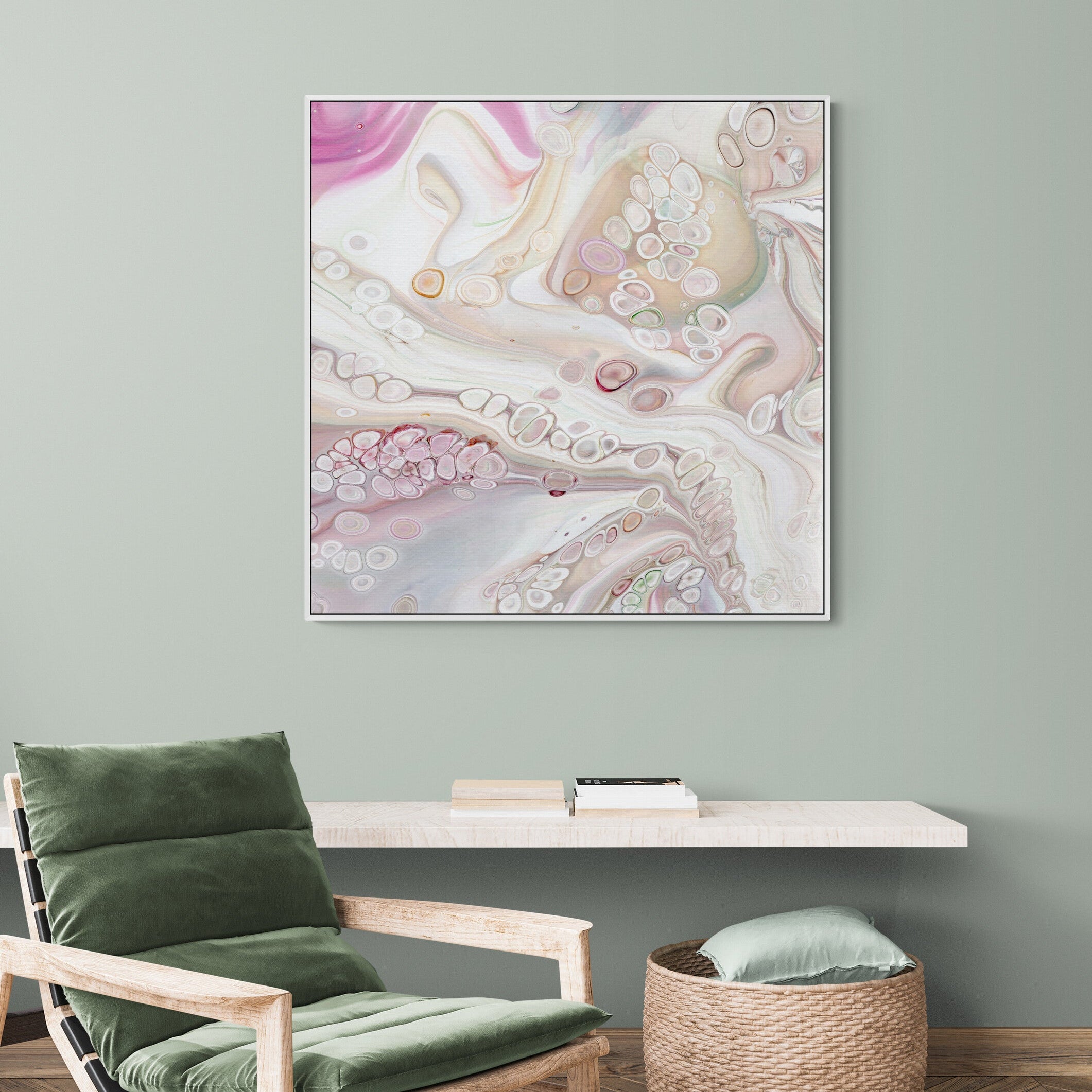 NL Modern Art Canvas Print gentle-tenderness-1-in white frame on wall in cozy-room-with-armchair-and-wall-shelf
