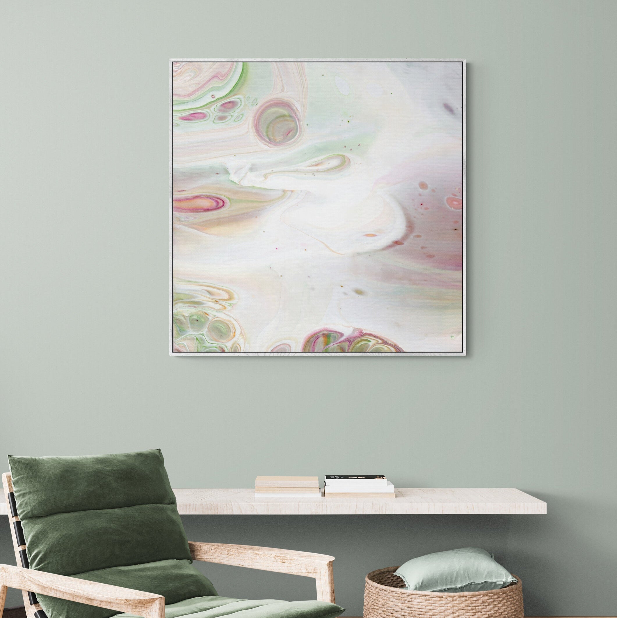 NL Modern Art Canvas Print gentle-tenderness-6-in-white frame on wall in cozy-room-with-armchair-and-wall-shelf