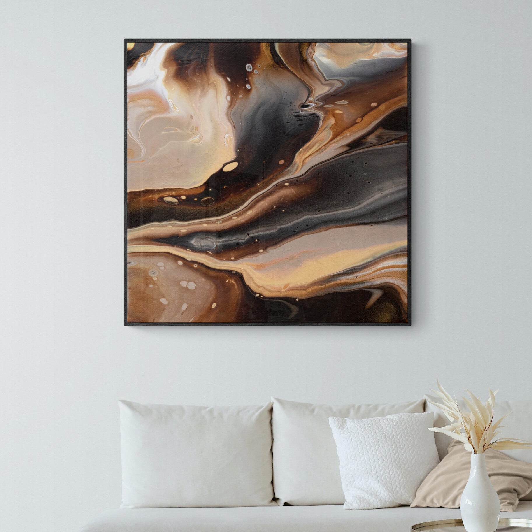 NL Modern Art Canvas Print comforting-chocolate-caramel-2-in black frame on wall in small-living-room-space-with-natural-tones
