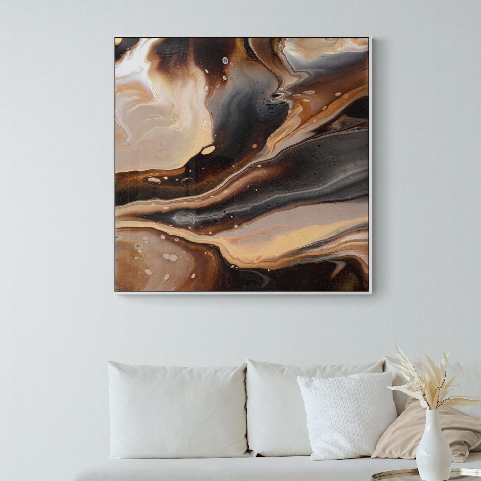 NL Modern Art Canvas Print comforting-chocolate-caramel-2-in white frame on wall in small-living-room-space-with-natural-tones